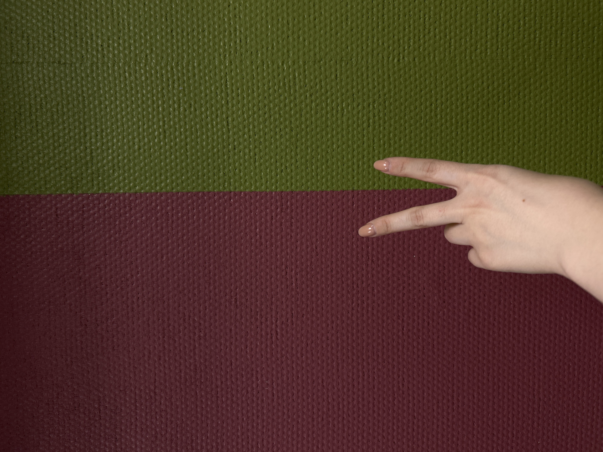 The image displays a human hand making a "peace" or "victory" sign against a two-toned, textured background. The hand, positioned on the right side of the frame, has light skin and fingernails adorned with a clear or nude polish. The index and middle fingers are extended and separated, while the remaining fingers are curled.
The background is horizontally divided into two distinct colored sections, each with a consistent, fine, dotted or woven texture, resembling a mat or fabric. The upper half of the background is a dark olive green, while the lower half is a deep burgundy or maroon red. The division between the two colors is sharp and runs across the mid-section of the image.
The activity captured is simply the hand performing this common gesture. There are no other objects or subjects in the frame. The setting appears to be indoors, likely in a controlled environment given the uniform background. There are no specific visual cues to indicate the time of day, weather, or location within Saint Petersburg, Russia, beyond the context provided. No text is visible in the image.