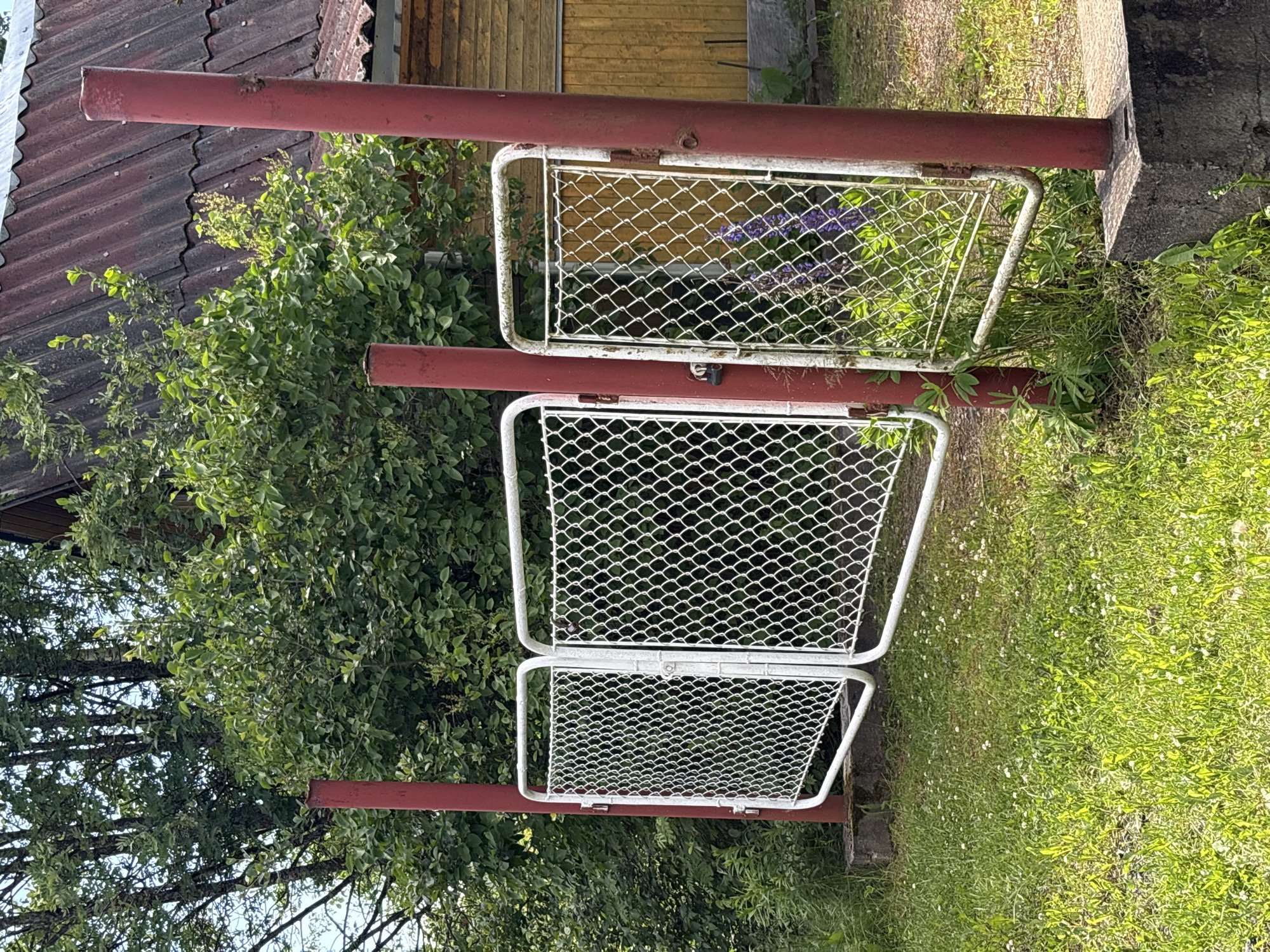 In the city of Озон Снт, Russia, a three-panel white metal gate with chain-link infill is partially open. The gate is supported by two red metal posts on the left and one red metal post on the right, which are anchored in concrete bases. The gate is situated in a grassy area with small white flowers and some scattered green vegetation. Behind the gate, a dense green shrubbery is visible, and beyond that, a wooden building with a dark red corrugated roof and yellow siding. Two purple lupine flowers are visible through the rightmost panel of the gate.