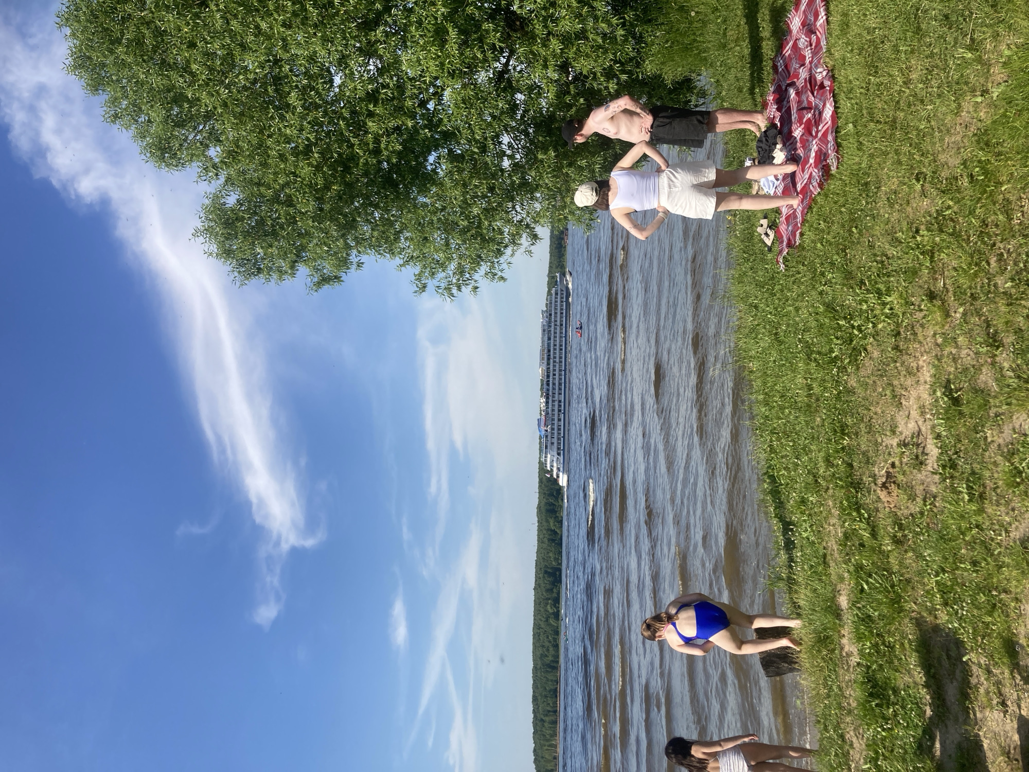 The scene depicts a sunny day at a large body of water, identified as being in the city of Kapustino, Russia. In the foreground, green grass slopes down to the water's edge, where four individuals are present.
On the left, two young females are near the water. One, partially visible on the far left, wears a light-colored striped swimsuit. The other, central-left, is seen from the back wearing a blue one-piece swimsuit, standing with her feet in the water, possibly on a submerged stump or rock.
On the right, two adults stand on the grass near a large tree with dense green foliage. A female, facing the water, wears a white tank top, white shorts, and a light-colored baseball cap. A male, standing next to her, is shirtless, wearing dark shorts and a dark baseball cap; he has visible tattoos on his left arm and torso. Both have their hands on their hips, observing the water. Behind them, a red and white plaid blanket is spread on the grass with some dark clothing and light-colored sandals placed on it.
The body of water exhibits dark, wavy surfaces. In the middle distance, a large white multi-deck passenger ship is cruising from left to right. Closer to the ship, a smaller light-colored motorboat with two occupants is also visible on the water. A dense green forested bank forms the distant shoreline across the water. The sky is bright blue with scattered wispy white clouds.