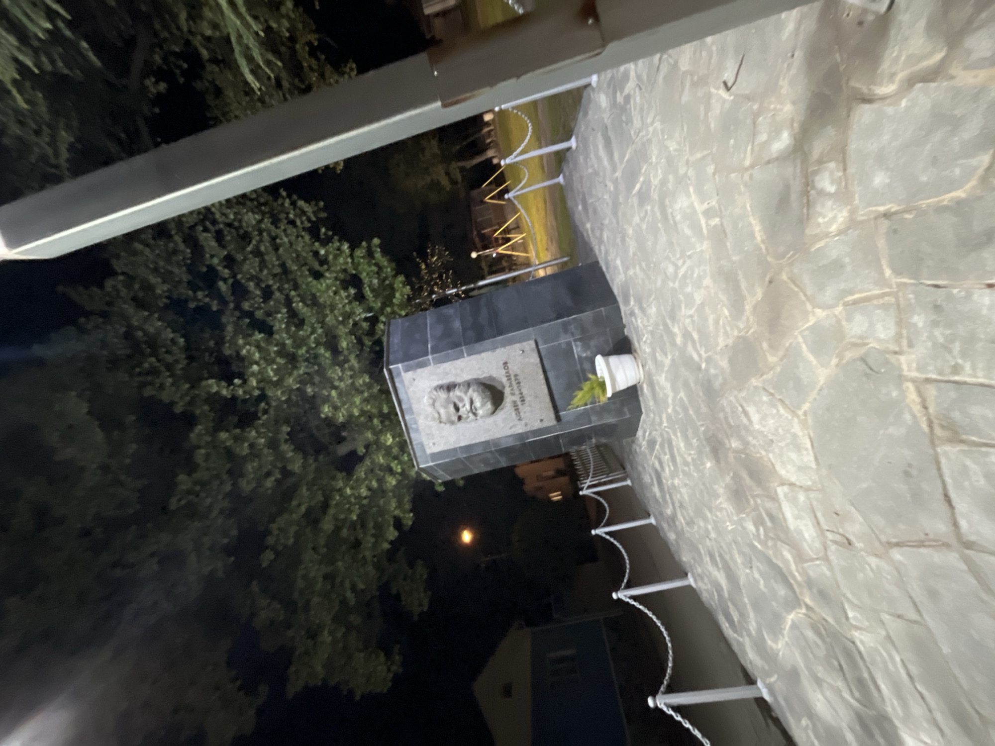 A low-angle, medium shot taken at night depicts the monument of Andrey Tasev Panayotov (1824-1879) in Karavelovo, Bulgaria. The stone monument features a bas-relief likeness of Panayotov. A potted plant sits on top of the monument. The monument is adjacent to a stone pavement, and a metal fence runs along the edge of the pavement. Trees are visible behind the monument. The photograph is rotated, obscuring the orientation of the objects. A portion of the ceiling or structure from which the photograph was taken is visible in the upper portion of the image. A single light source is visible in the background near the monument.