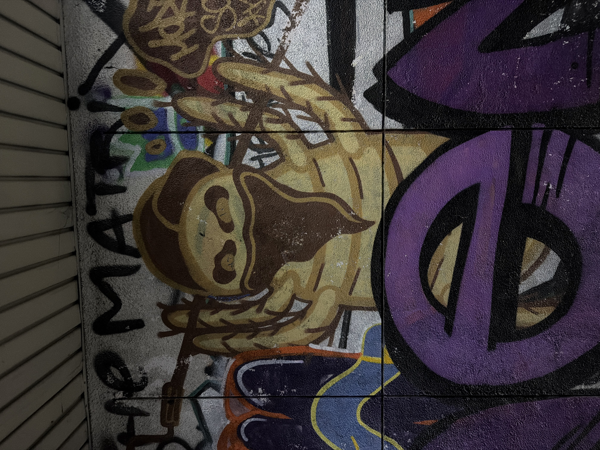 This is an image of graffiti art. The graffiti includes a cartoon-like character with a brown head and tan-colored body, with tan-colored tendrils extending from it. Next to the character is a large purple circle-like shape. The surface on which the graffiti is painted appears to be composed of square tiles. The word "MAT" is visible vertically on the left side of the image. The location is not specified, so city of Sofia, Bulgaria is not mentioned.
