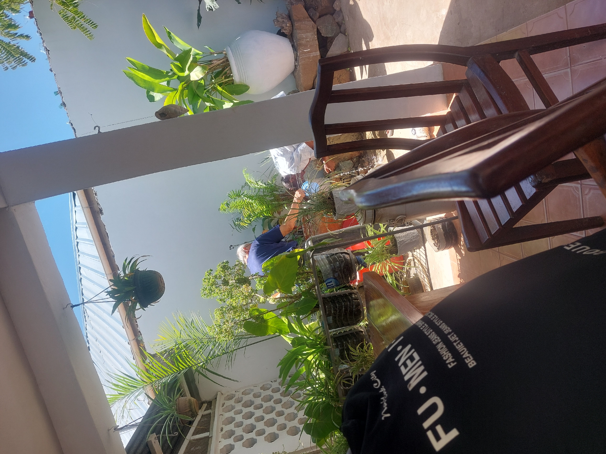 This image depicts a sunlit outdoor or semi-outdoor patio area in Dar es-Salaam, Tanzania, vibrant with numerous plants. The scene is captured during a clear, sunny daytime, evidenced by the bright light and strong shadows.
In the mid-ground, a person wearing a blue shirt and white shorts is actively engaged in tending to a collection of plants, possibly a vertical garden system made from repurposed plastic bottles. They appear to be focused on gardening tasks. In the foreground, a close-up of a person's leg and arm is visible, dressed in dark clothing, suggesting a first-person perspective from someone seated in a wooden chair or on a bench.
The setting features an abundance of greenery, including large leafy plants in a prominent white ceramic pot, ferns, and palm-like plants in various terracotta and plastic containers. A vertical garden with plants growing in clear plastic bottles is noticeable, as is a hanging plant suspended from a hook near a corrugated metal roof. Architectural details include a white ceiling/overhang, white walls, a decorative white lattice wall, and a light-colored tiled floor. Some decorative rocks are also present in the landscape.
Visible text on the dark clothing in the foreground reads "FU . MEN • I", "FASHION JEANS STYLE B", "BEAUIET JEANS STYLE B", and "New York City" in cursive script.