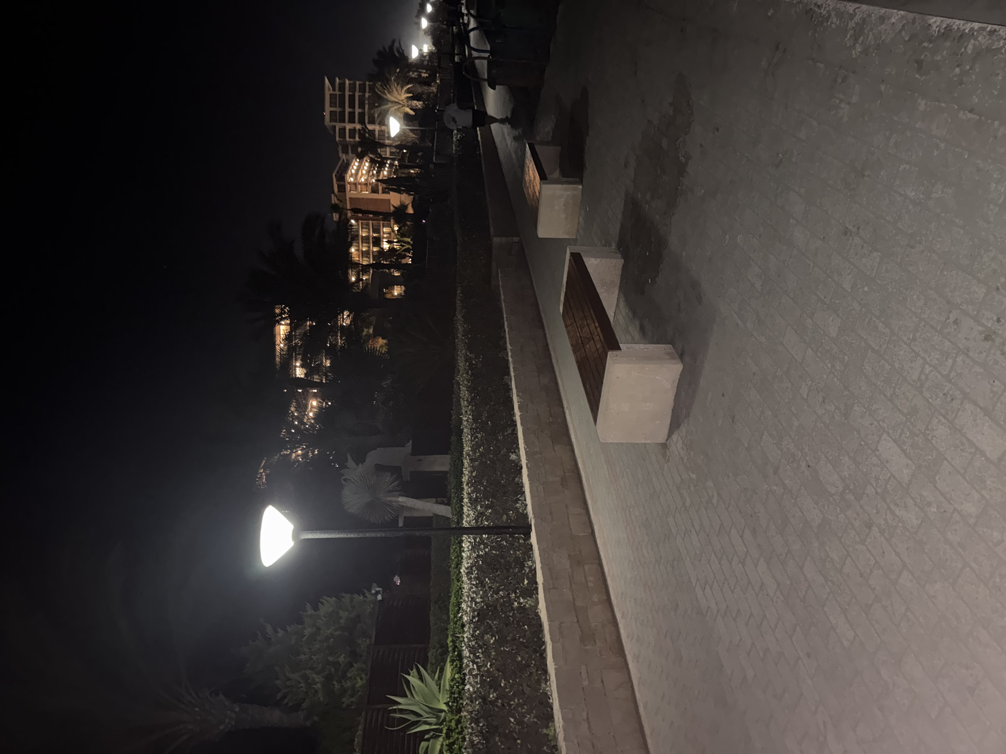 This is a nighttime, eye-level, medium shot of a paved walkway in Agios Tychona Community, Cyprus. The walkway is illuminated by a lamppost and the lights of a resort hotel in the background. Two benches with wooden slats and concrete bases are positioned along the walkway. In the distance, a person is jogging away from the camera. The environment appears to be a coastal resort area, with palm trees and manicured bushes lining the walkway. The overall scene is calm and serene, with the exception of the runner.