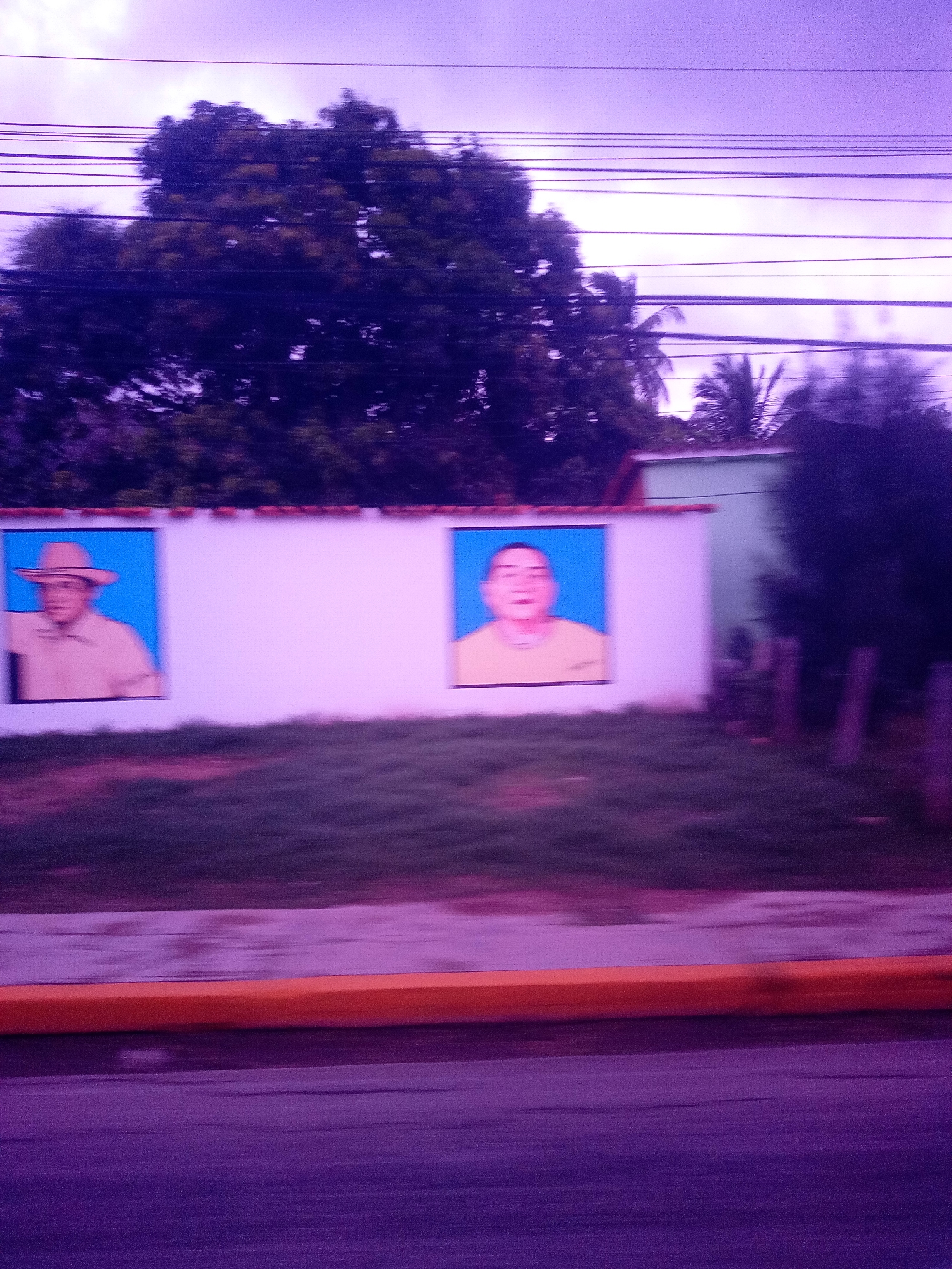 The image depicts a mural on a white wall featuring two portraits. The mural is located in San Sebastián, Venezuela. The left portrait is of a person wearing a straw hat and a light-colored shirt. The right portrait is of a person with short hair and a light-colored shirt. Both portraits are framed by a blue background. The wall is part of a building that has a red-tiled roof. Behind the wall, trees and palm trees are visible against a purple sky. The foreground shows a grassy area with some indistinct vertical objects. A bright orange band runs horizontally across the bottom of the image. The image appears to be taken from a moving vehicle, given the motion blur.