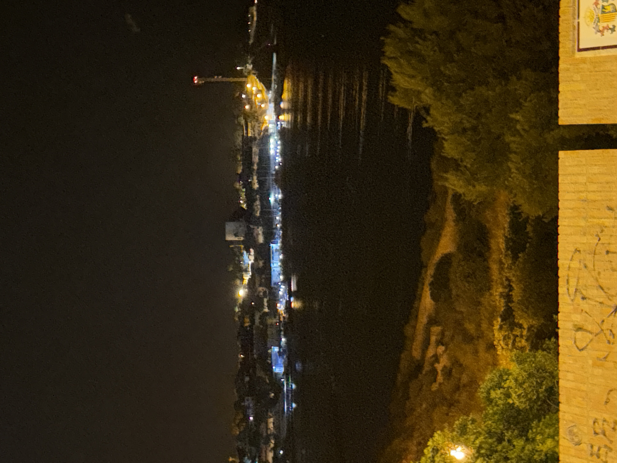 The image is a nighttime view of a coastal city. In the foreground, there is a yellow wall with some graffiti. Beyond the wall, there are trees and a hillside. The main subject of the image is a city illuminated by lights, with buildings, a harbor with boats, and a tall tower with a red light at the top. The lights of the city reflect on the dark water. The sky is dark and clear.
The scene depicts the port area of Orihuela, Spain. The tall tower with the red light is a lighthouse or a radio tower. The buildings in the background suggest a densely populated area, possibly with commercial or residential structures. The presence of boats in the harbor indicates maritime activity. The overall ambiance is one of a bustling port city at night, with the artificial lights creating a vibrant contrast against the dark natural environment.