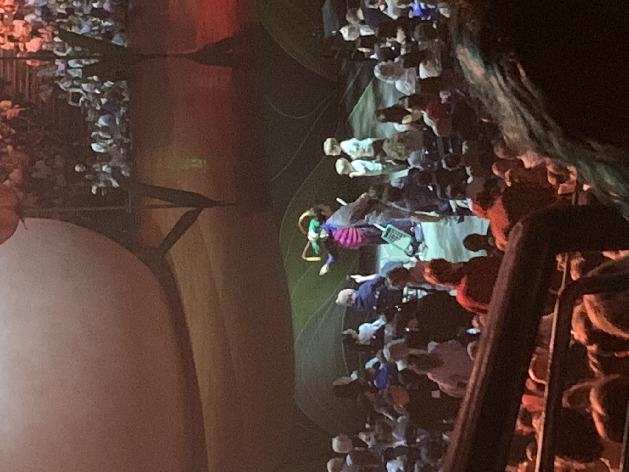 The image shows an audience, viewed from above, at a concert or theatrical performance. The foreground is partially obscured by what appears to be a railing and possibly foliage. A large, illuminated backdrop or set piece is visible on the left, featuring a rounded, peach-colored shape next to a tan vertical structure. In the middle ground, numerous people are seated or standing, appearing as small figures. There is also a performer, in a pink skirt, on stage. The image does not reveal a Belgrade, Serbia location.