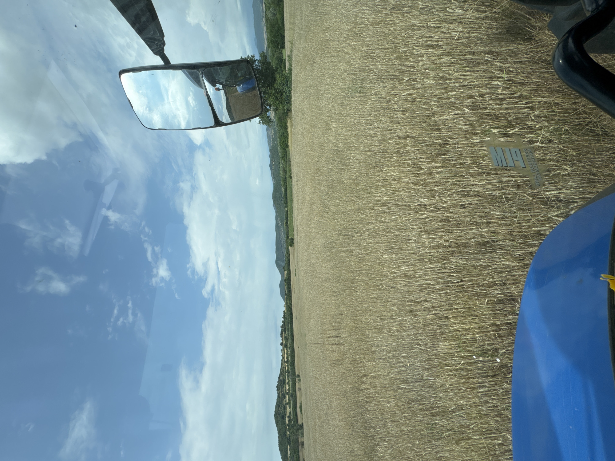 This image depicts a view from the cab of a tractor harvesting a field of dry wheat. The scene is oriented vertically, with the sky occupying the left half and the field stretching across the right. A side mirror, reflecting the blue sky and white clouds, is prominently visible in the upper left quadrant.
The field itself is a vast expanse of harvested wheat stalks, appearing golden and dry under what seems to be a bright, sunny day. The terrain slopes gently upwards towards the horizon, where a line of green trees and hills creates a natural boundary against the sky. The bright blue of the tractor's body is visible in the lower right corner, suggesting the perspective is from inside the driver's cab.
A small, metallic emblem is attached to the tractor's body, situated in the middle right of the image, against the wheat field. The emblem features the text "MIP" in large, stylized letters, with smaller text below it that is difficult to discern clearly but appears to be in Cyrillic script.
The overall impression is one of agricultural work in progress on a clear, fair-weather day. The image is likely taken during daylight hours, given the bright illumination. The scene is set in a rural, agricultural landscape, consistent with the provided location context of Prolom, Bulgaria. No people are directly visible, though the reflection in the mirror suggests at least one person is operating the machinery.