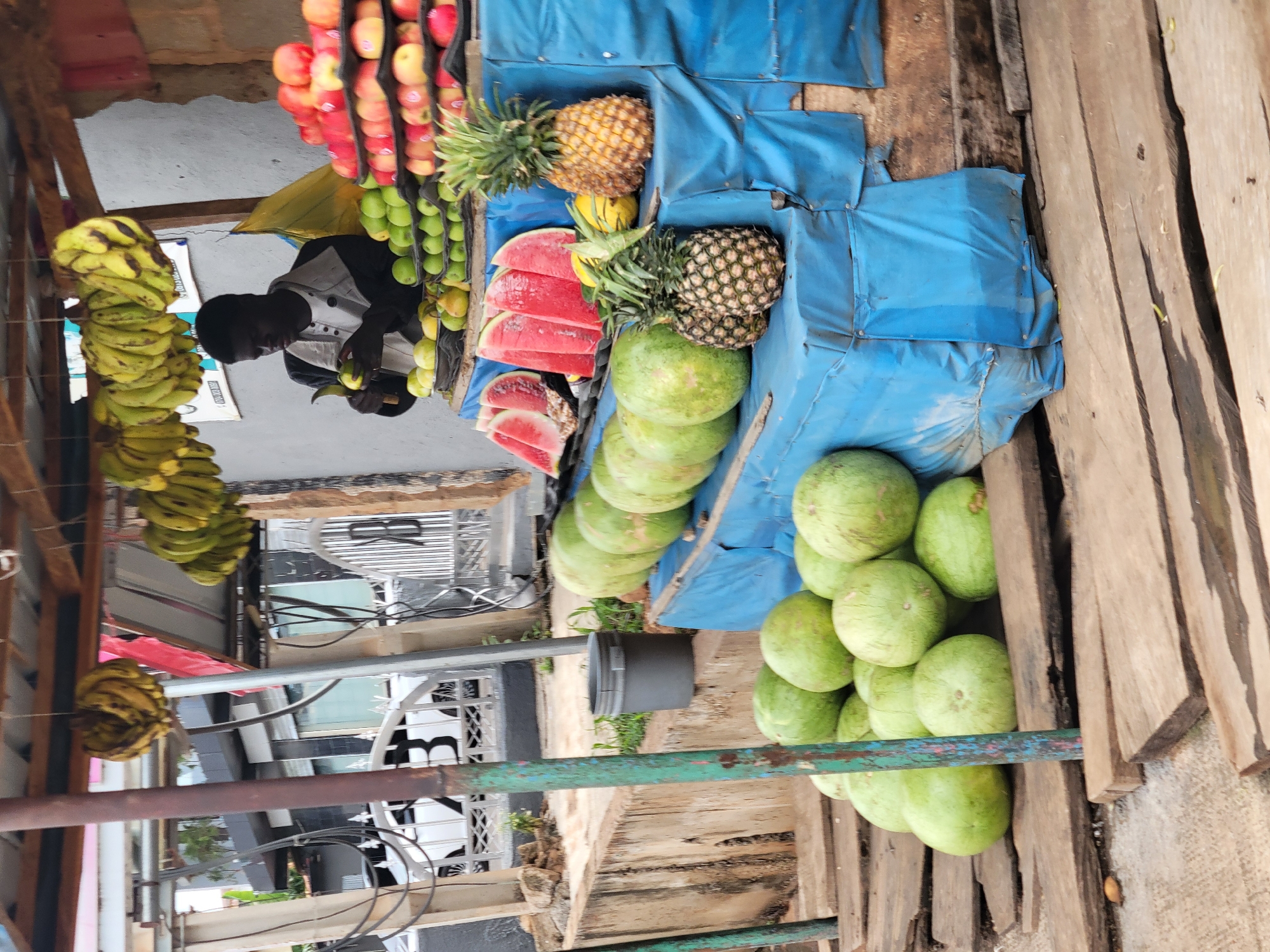 A male vendor is depicted at a fruit stand located in Jos, Nigeria. The vendor, a young Black man wearing a grey jacket over a white shirt, is peeling a green fruit. He is positioned behind a stall laden with various fruits. Stacked neatly are rows of apples, some red and some yellow-green, arranged in trays. Below the apples are piles of green fruits, possibly avocados or small watermelons. Further down, slices of watermelon are displayed, alongside pineapples, some whole and one cut in half. More green fruits, likely watermelons, are arranged in the foreground. Hanging from the stall's roof are bunches of ripe yellow bananas. The stall is covered with a blue tarp, and the surrounding area appears to be an outdoor market with wooden planks forming a walkway. In the background, a white car is visible, suggesting the market is situated near a road or parking area.