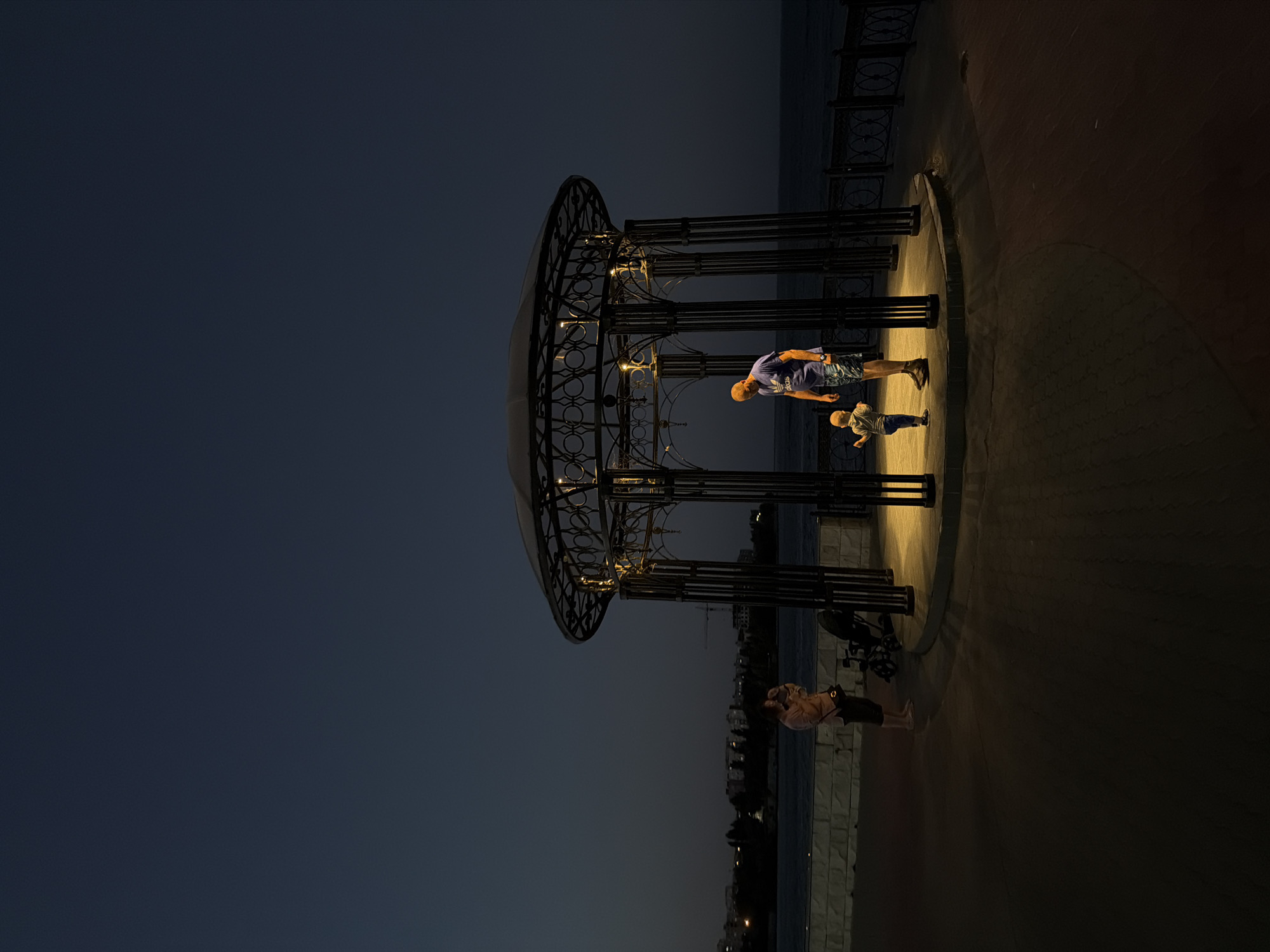 At dusk, a man stands inside a decorative metal gazebo, illuminated by warm lights. He is looking down at a young child, who is facing him. A woman stands outside the gazebo, to the left, looking at her phone. She is near a stroller. The gazebo is located on a paved walkway next to a body of water, likely the Volga River, with the city of Kamyshin, Russia, visible in the background. The sky is dark blue.