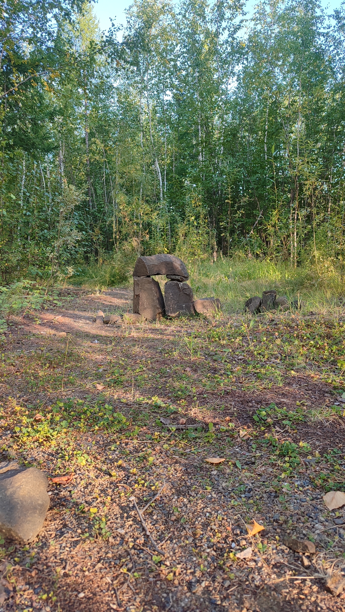 The image depicts an outdoor scene in a wooded area, likely in the city of Mirny, Russia. In the foreground, a rough path or clearing is visible, covered with gravel, dry leaves, and sparse green vegetation. A large, dark rock is positioned in the lower left corner of the frame. Further into the clearing, a structure made of dark, irregular stones is the central subject. This structure appears to be an arrangement of several large stones, with one stone forming a cap that rests on two upright stones, creating an opening underneath. Additional stones are scattered around this central formation. The background consists of a dense forest with numerous trees, predominantly deciduous with green foliage, and some bare white trunks. Sunlight filters through the trees, casting shadows and illuminating parts of the scene. The sky above is a clear, pale blue. There are no people or animals visible in the image. The overall impression is one of a natural, somewhat rustic setting, possibly a park or a natural reserve within Mirny.