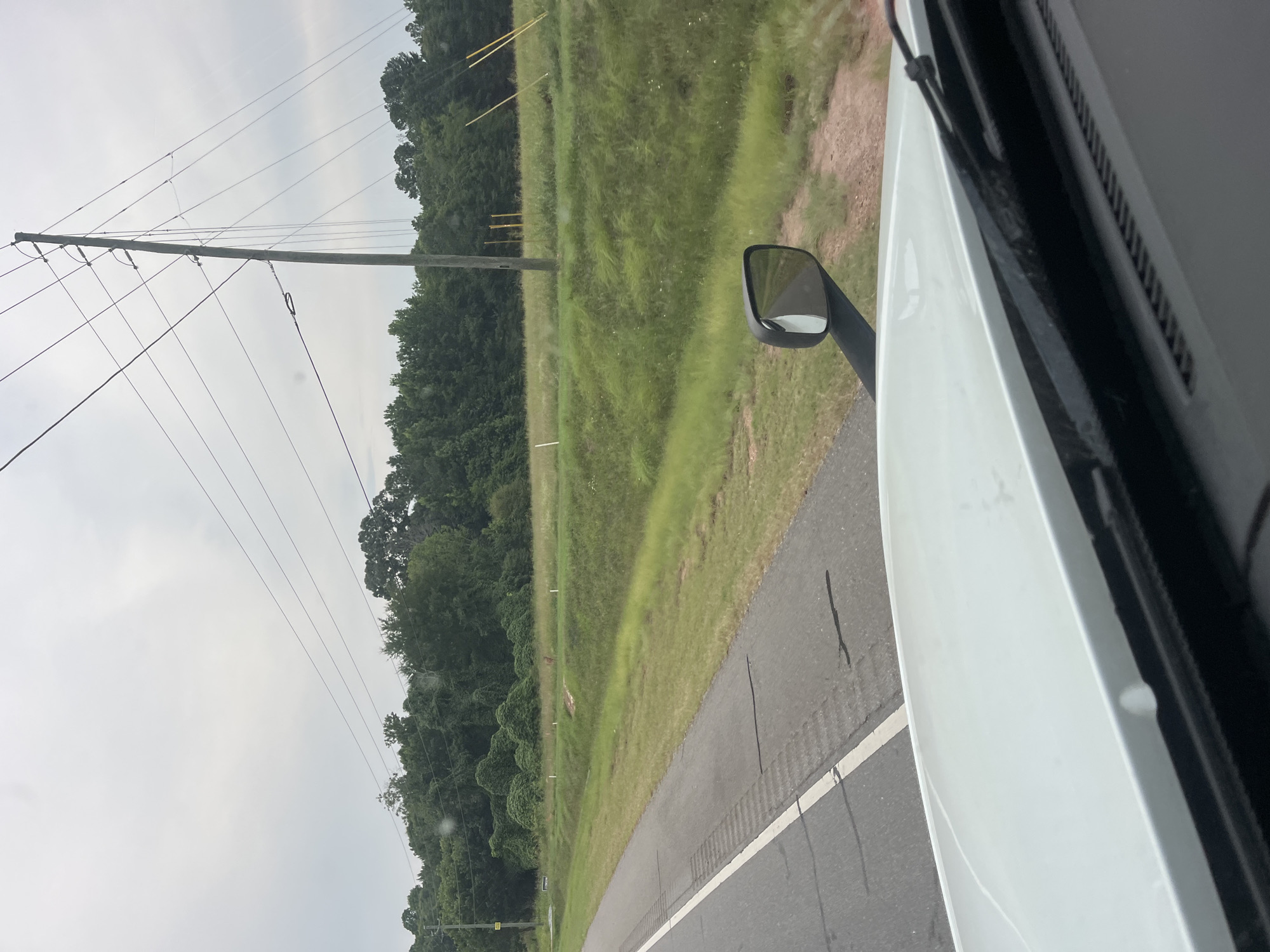 An outdoor, overcast, daytime, eye-level shot captures a roadside scene from the perspective of a vehicle's interior. In the foreground, the white hood of a truck extends across the bottom of the frame, with the windshield wipers visible at the top of the dashboard. To the left, a side-view mirror reflects the road behind.
The midground features a paved road with a white lane marker running along its left edge. Adjacent to the road is a grassy verge. Beyond this, a field of green grass stretches towards a dense line of trees that forms the backdrop. A wooden utility pole with multiple power lines extends vertically through the scene, positioned in the middle ground. In the far distance, a patch of trees is visible. The environment appears to be rural.