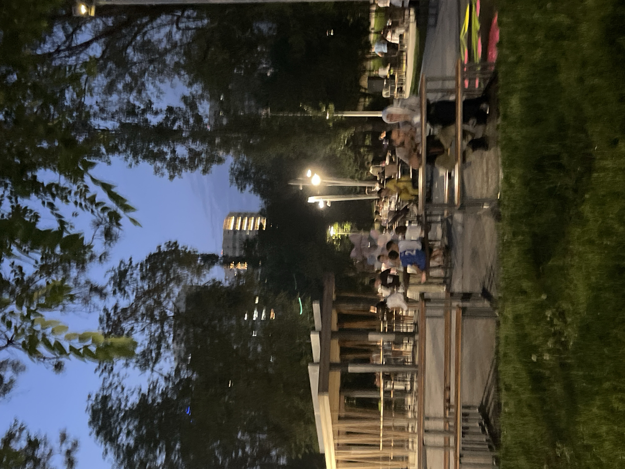 The image depicts an outdoor seating area in Almaty, Kazakhstan, as twilight descends. The scene is set in a park-like environment with lush green grass in the foreground and a canopy of trees overhead, their leaves creating a dappled effect against the darkening sky. In the background, modern high-rise buildings with illuminated windows are visible.
The central focus of the image is a covered outdoor seating area, possibly a cafe or restaurant, with a wooden structure supported by posts and a roof. Rows of tables and benches are arranged under this structure and in the open space around it. Several people are scattered throughout the seating area, engaged in various activities such as eating, conversing, and relaxing.
In the foreground, a wooden bench with metal legs is prominently featured. Two individuals are seated at a table behind this bench, leaning forward and appearing to be in conversation. One person is wearing a light-colored headscarf, and the other is wearing a light-colored shirt. To the right of these individuals, a splash of vibrant pink and green on the ground suggests the presence of some recreational equipment or art installation.
Further back, in the outdoor seating area, more groups of people are visible. Some are seated at tables, while others appear to be standing or walking. The lighting in the scene is a mix of natural twilight and artificial light from street lamps and within the buildings. The overall atmosphere is one of a peaceful evening gathering in a contemporary urban setting.