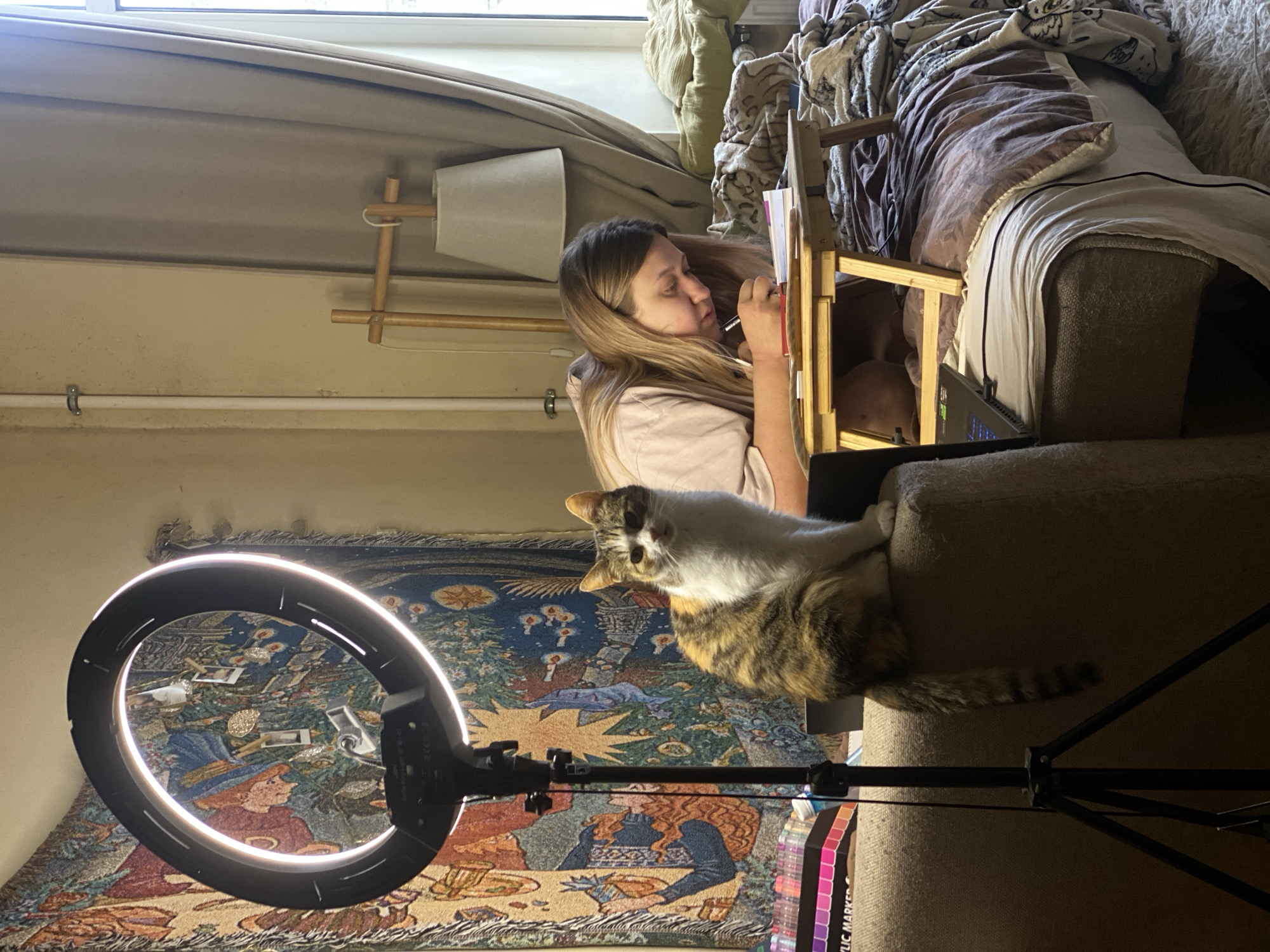 A young woman with blonde hair is shown in profile, engrossed in drawing or painting. She is seated on a sofa, facing a wooden easel that holds her work. Her expression is focused, suggesting deep concentration. Next to her, a calico cat rests on the sofa, looking towards the viewer with curious eyes.
The scene appears to be indoors, possibly a living room. Behind the woman, a window is draped with curtains, and a floor lamp with a beige shade is visible. The room is cluttered with blankets and cushions, creating a cozy and somewhat unkempt atmosphere. A ring light is positioned in the foreground, aimed at the area where the woman is working, suggesting she might be creating content for social media or streaming. A laptop is open on a surface to the right of the easel.
In the background, a tapestry hangs on the wall, depicting various scenes and figures. The lighting suggests it could be daytime, with natural light coming from the window, supplemented by the artificial light of the ring light. The overall mood is one of quiet creativity and domestic comfort, with the presence of the cat adding a touch of warmth. No visible text is present, other than "LYLIC MARKER" on a palette of markers at the bottom right. The location is contextually Saint Petersburg, Russia.