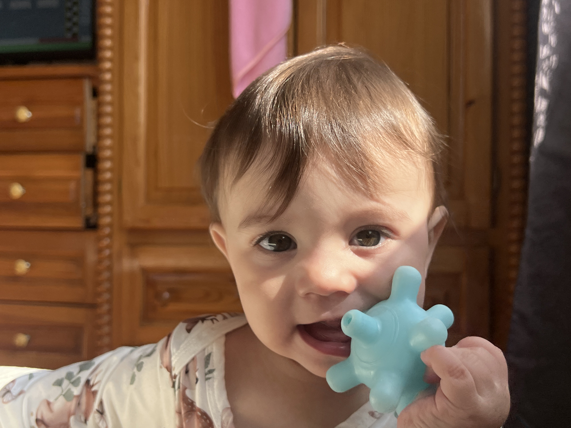 An indoor scene, situated in the city of Elena, Bulgaria, captures a baby in a medium close-up. The baby, with light brown hair and dark eyes, faces the viewer directly, its mouth open, revealing its tongue and gums as it mouths a light blue, textured teether held in its right hand. The baby wears a light-toned garment patterned with illustrations of deer and green botanical elements. The background features wooden furniture; on the left, a dresser with two visible drawers and light-colored knobs is present, topped by a dark, indistinct object. To the right, vertical wooden paneling with a carved decorative border is visible. A pink cloth hangs in the upper-left background. A dark, out-of-focus fabric is present along the far-right edge of the frame. The scene is lit by direct sunlight, casting bright illumination on the baby's left side and hair.