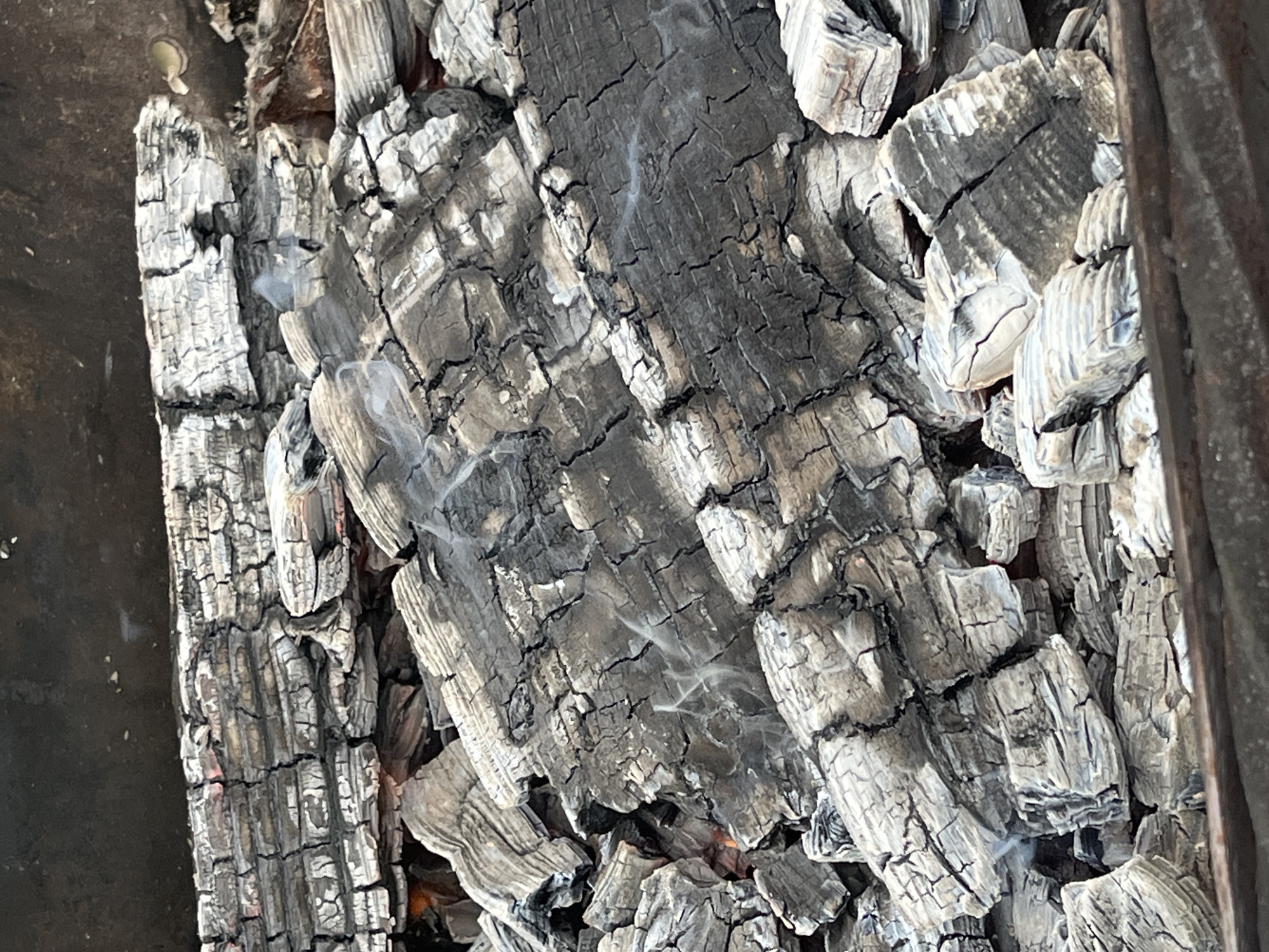 The image shows a close-up, top-down view of burnt wood embers and ash, likely in a fire pit or grill. The wood pieces are irregularly shaped, with visible cracks and a textured surface. Some pieces are covered in white ash, while others show dark charring. Thin wisps of smoke are rising from the embers. The overall color palette is dominated by grays, blacks, and whites, with hints of orange from glowing embers visible in the background. There is no indication of location in Il'ino, Russia.