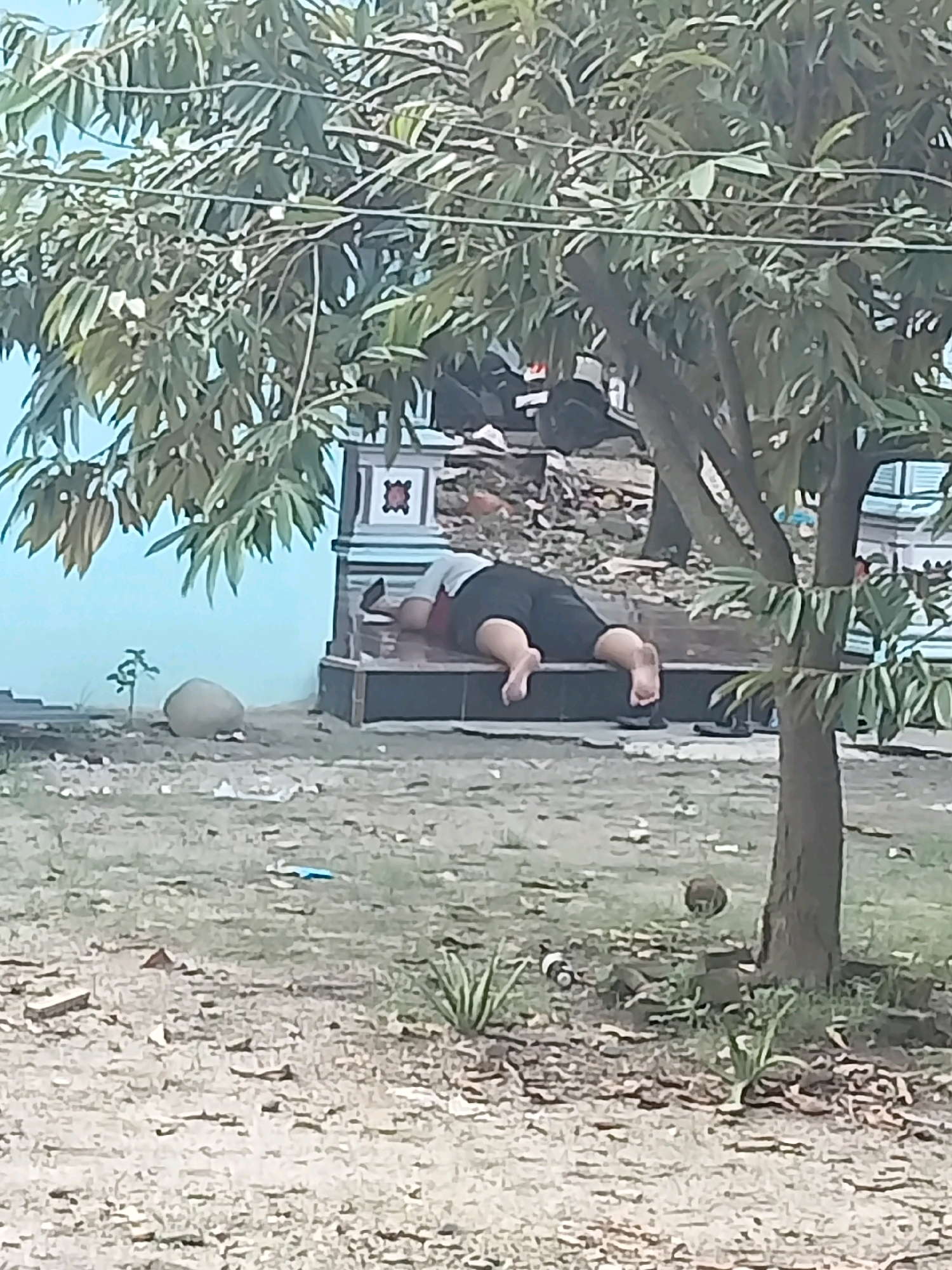 A person is lying face down on a raised platform outdoors, underneath the shade of a tree. The person is wearing a light-colored shirt and dark pants. Their legs are extended and their feet are visible. To the left of the person, there is a large round object, possibly a coconut or a large rock, and a small plant. Behind the person, there is a structure with decorative elements and other people are visible in the background, some appearing to be sitting or standing. The ground is covered with dry leaves and debris, and there are a few plastic bottles scattered around. The overall environment appears to be somewhat unkempt.