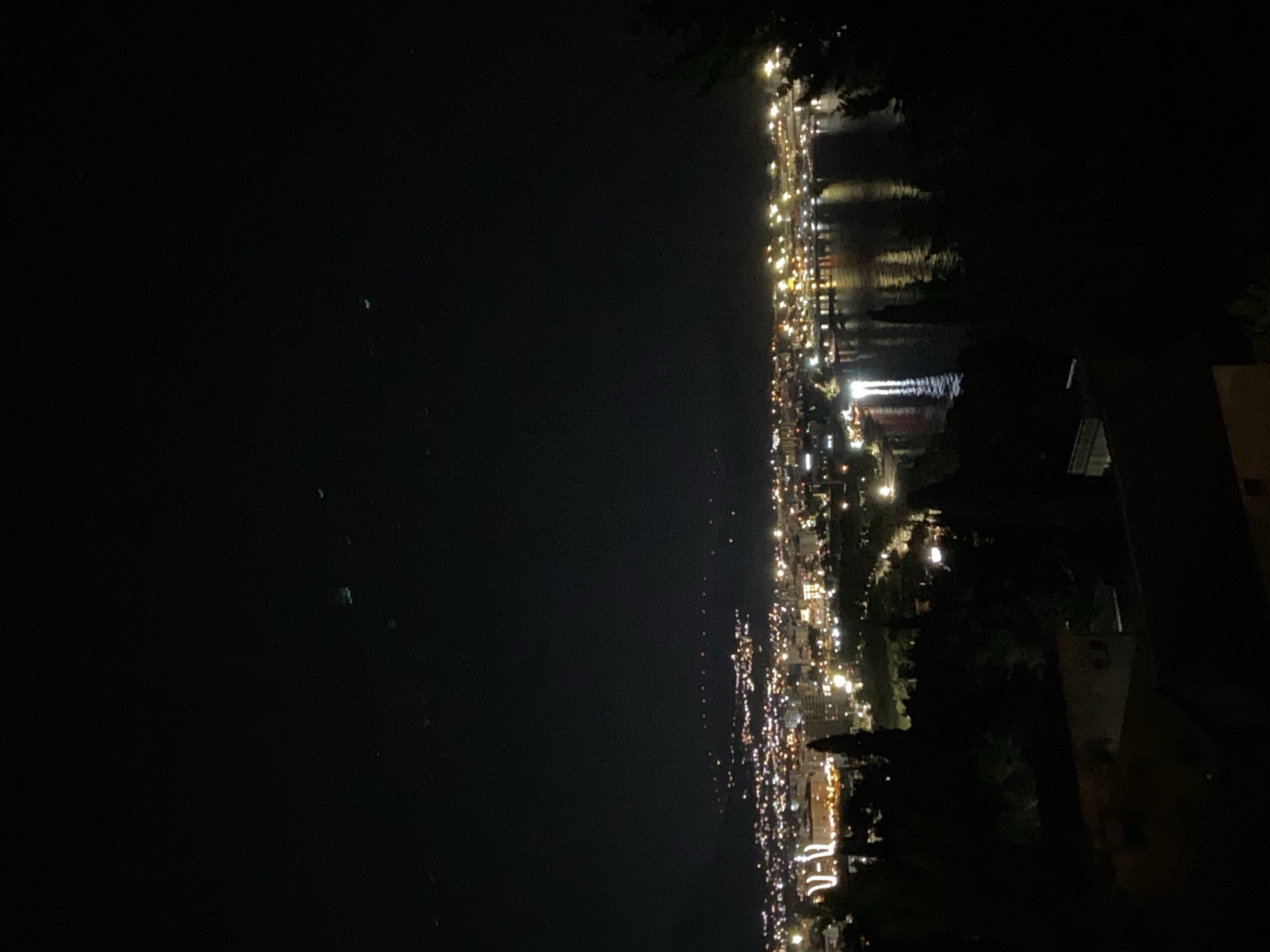 A nighttime aerial view captures the illuminated city of Šušanj, Montenegro, nestled along a coastline. The dark expanse of the Adriatic Sea reflects the vibrant lights of the city, which stretches along the waterfront and extends inland. Buildings, streets, and possibly a harbor are visible, marked by a concentration of yellow and white lights. The foreground is dominated by the silhouettes of dark trees and structures, suggesting a vantage point from a higher elevation overlooking the urban landscape. The sky is a deep black, devoid of visible stars or moon, with a few faint, indistinct lights appearing in the upper portion of the frame.
