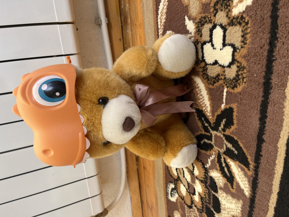 A brown teddy bear is positioned centrally, seated on a brown patterned rug with floral and abstract designs in shades of brown, beige, and black. The bear has a light brown fur, white muzzle, and white paws. It wears a brown-pinkish satin ribbon tied in a bow around its neck. On its head, the bear wears an orange plastic hat shaped like a cartoon dinosaur head, featuring two prominent blue eyes with black pupils. The hat has a jagged white edge along its lower front, resembling teeth. In the background, a white multi-finned radiator is mounted against a light-colored wall. A light brown wooden floor or baseboard is visible beneath the radiator. A thin, light-colored pipe or cable is visible against the wall to the left of the radiator's base. The scene is located in a room within the city of Sheynovo, Bulgaria.
