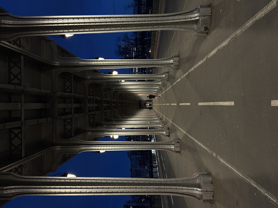 The image depicts the interior of the Pont de Bir-Hakeim bridge in Paris, France, at dusk or dawn. The perspective is a long, linear view down the bridge's lower pedestrian and cycling pathway, which is flanked on both sides by a symmetrical series of riveted metal columns supporting the overhead Metro viaduct structure.
The pathway is asphalt, marked with a dashed white line centrally and solid white lines defining the edges of the main lane. Several patches of moisture are visible on the ground. Integrated lights, affixed to the columns at regular intervals, illuminate the pathway with a warm glow, creating a tunnel-like effect that recedes into the distance.
A solitary individual, seen from behind, wearing a dark t-shirt and dark pants, is walking or jogging away from the viewer in the middle distance, occupying the central pathway. Other indistinct figures are faintly visible much further down the bridge.
Beyond the columns on both sides, the dark blue sky of the "blue hour" is visible, along with the illuminated outlines of city buildings, streetlights, and some bare trees on the banks of what is identifiable as the Seine River. The upper steel framework of the bridge is distinctly visible above the pathway, characterized by a complex lattice of beams and rivets.