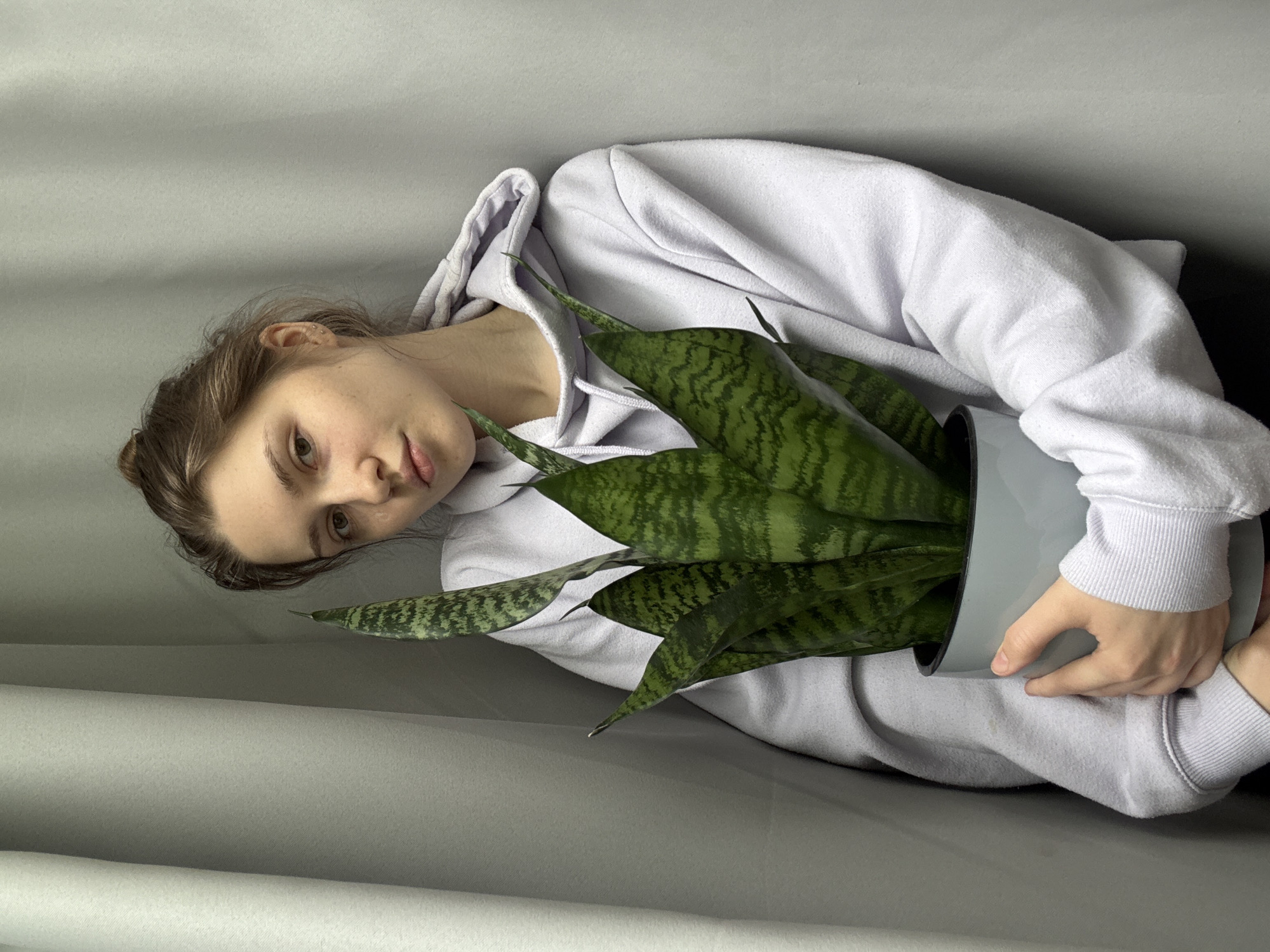 A young woman with brown hair pulled back into a bun is lying on a gray, textured surface, wearing a light-purple hoodie. She is holding a gray pot containing a green snake plant (Sansevieria trifasciata) in her arms. Her head is tilted, and she is looking towards the camera. The background is a light gray, suggesting a minimalist setting. There is no evidence to indicate the location is Saint Petersburg, Russia.