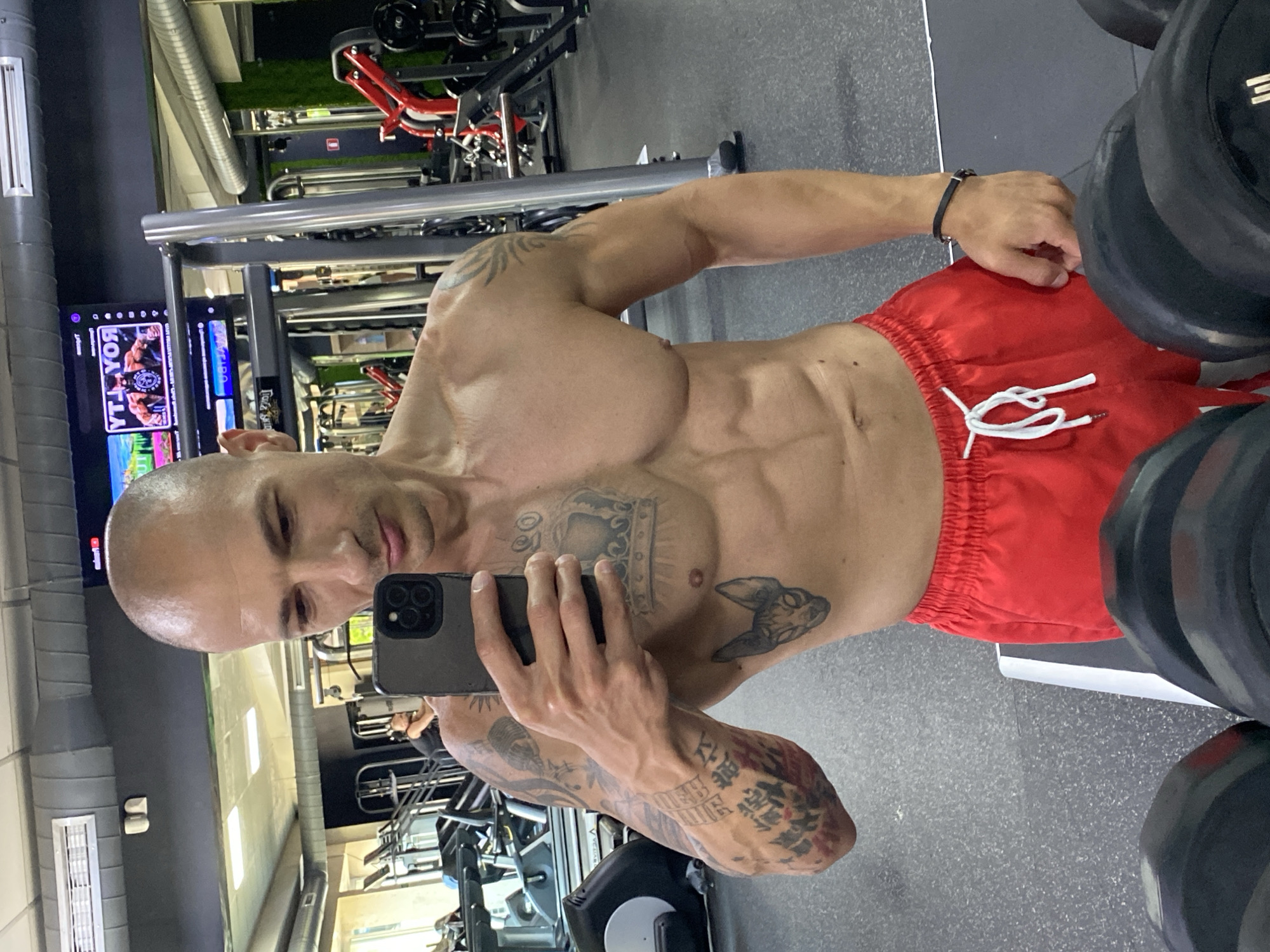 The image depicts a muscular, bald man in his late 30s or early 40s, taking a mirror selfie in a gym. He is shirtless, revealing well-defined abdominal muscles and numerous tattoos on his chest, arms, and shoulder. He is wearing red athletic shorts with white drawstrings. In his right hand, he holds a dark-colored smartphone, angled to capture the selfie. The gym environment is visible in the background, with various exercise machines, weight racks, and dumbbells. The overall lighting suggests an indoor setting. The presence of specific gym equipment and the general ambiance are consistent with a fitness facility in Pleven, Bulgaria.