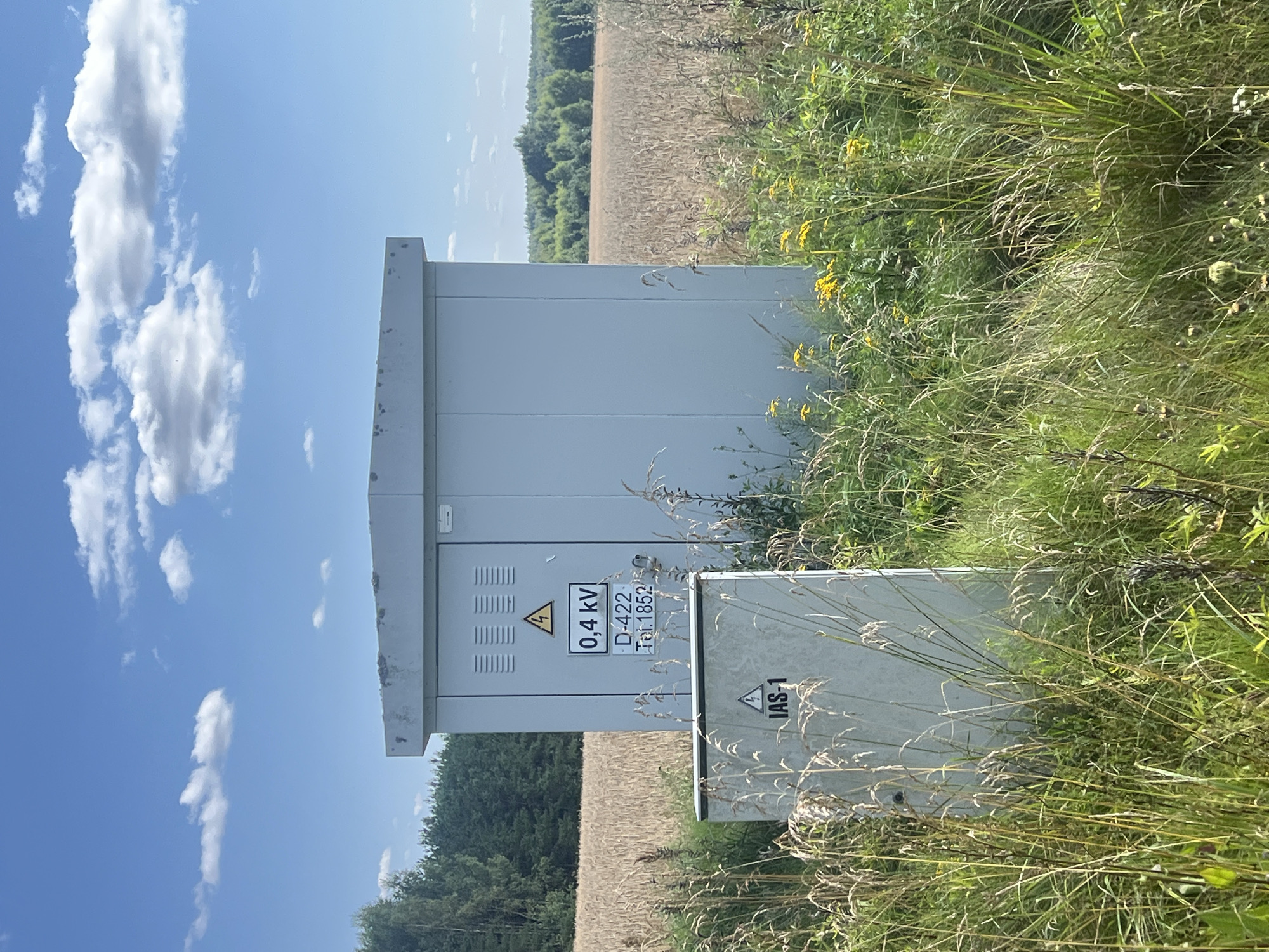 The image depicts an outdoor scene in Norviliškės, Lithuania, on a clear, sunny day with scattered white clouds. The primary focus is on two electrical transformer boxes situated in a grassy field adjacent to a wheat field. The larger, light-gray transformer box stands in the center of the frame and has ventilation slots and a warning label with a lightning bolt symbol, indicating high voltage, along with the text "0.4 kV D-422 Tel.1852". To its left and slightly closer to the viewer is a smaller, similarly colored electrical box with a warning label reading "IAS-1" and a lightning bolt symbol. The surrounding environment consists of tall, dry grasses and some yellow wildflowers in the foreground, with a vast field of ripe wheat stretching into the middle ground. In the background, a dense line of green trees forms the horizon. The overall impression is one of rural infrastructure in a natural, agricultural setting.