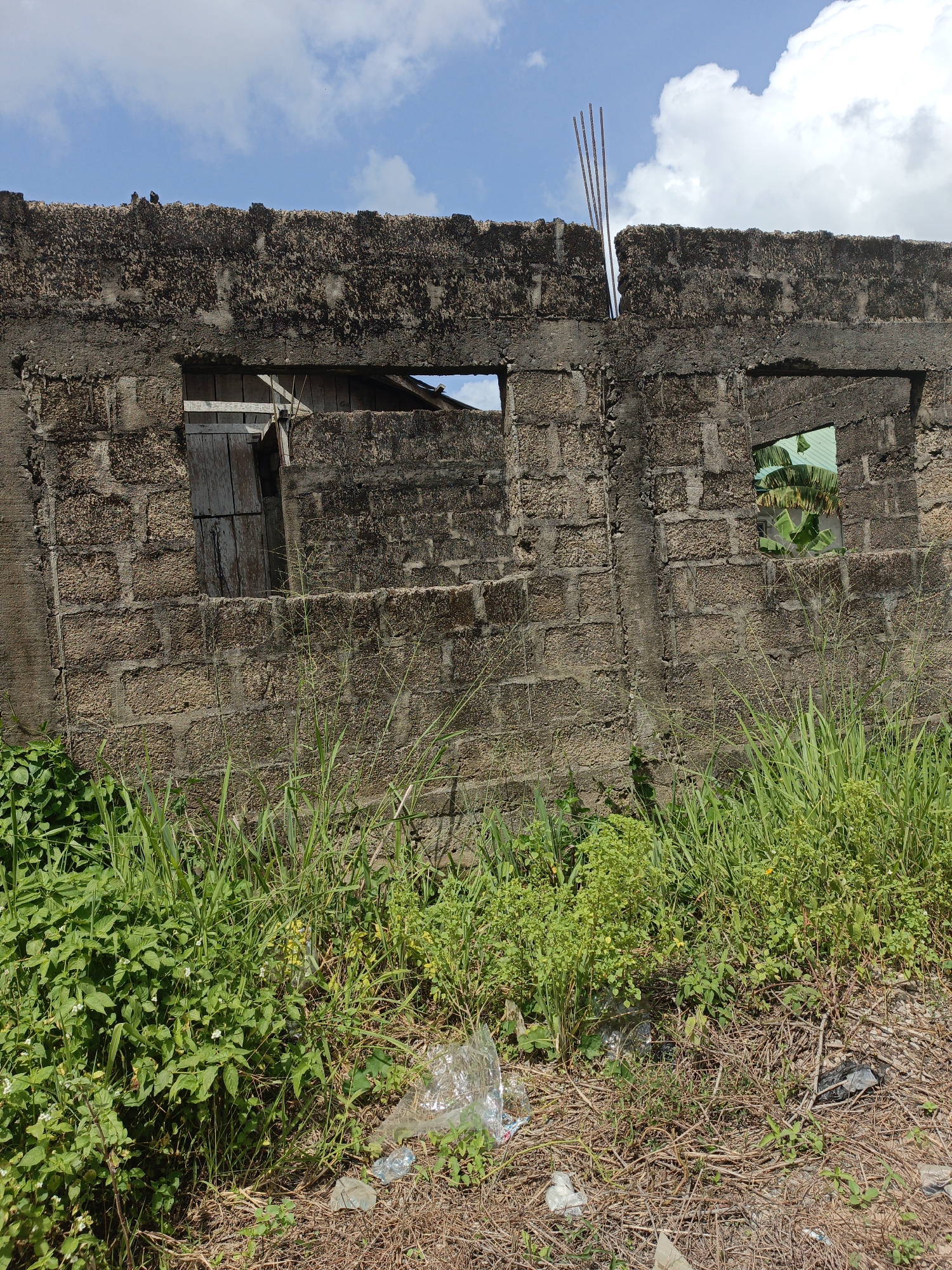 The image shows a partially constructed building with two window openings, set against a backdrop of a blue sky with clouds. The building appears to be in a state of disrepair, with exposed concrete blocks and protruding metal rods. The window on the left is partially boarded up, while the other window reveals vegetation inside. The ground in front of the building is overgrown with weeds, grass, and scattered plastic litter. The location appears to be an undeveloped or abandoned urban area.