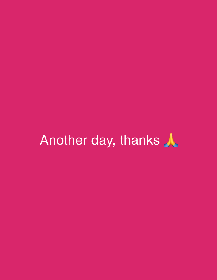 The image is a plain, solid pink background with the white text "Another day, thanks" and a praying hands emoji. There are no indications of location, people, objects, actions, or interactions within the image itself. Therefore, there is no indication that the image is related to the city of Ulyanovsk, Russia.