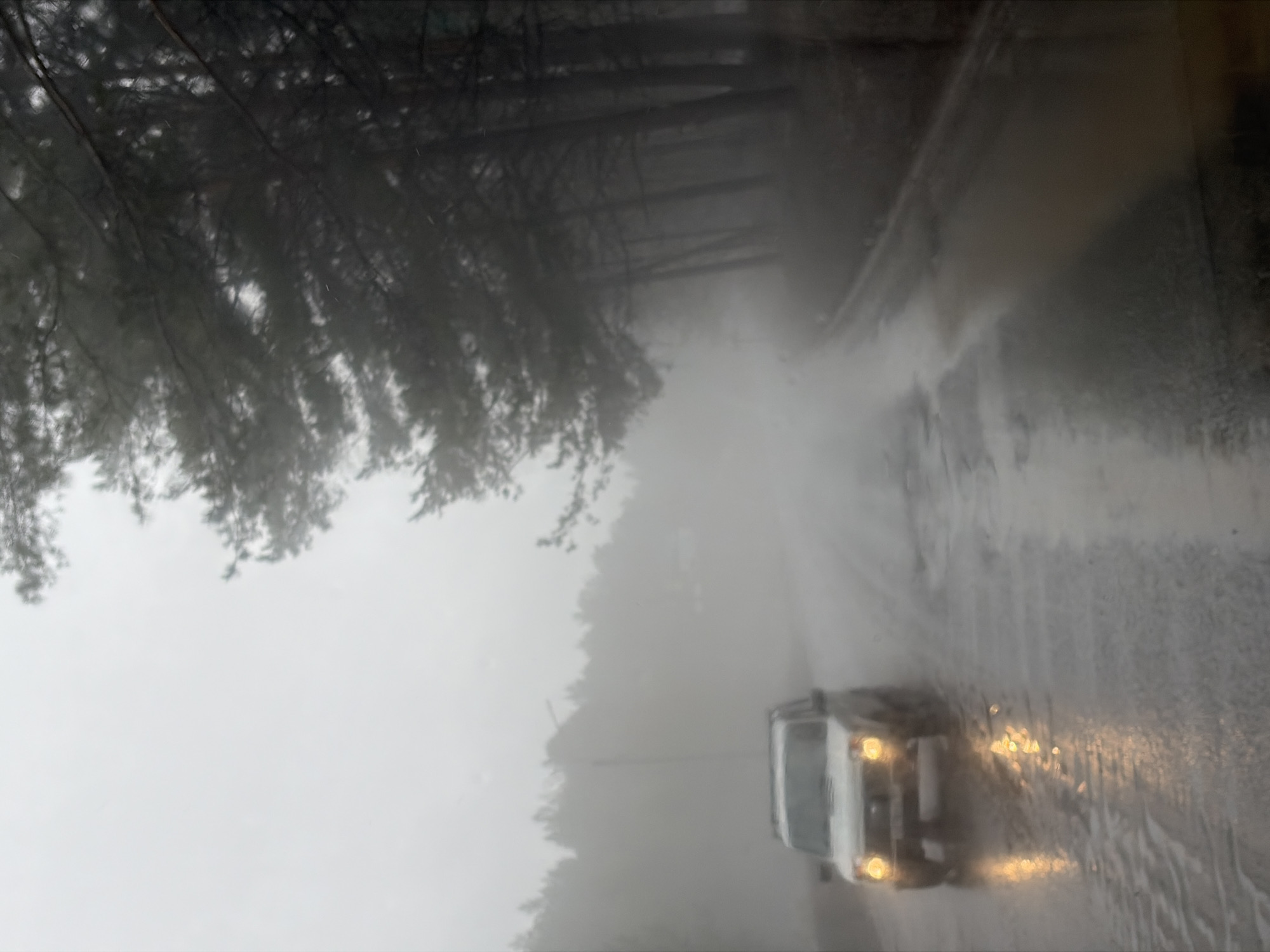A car drives on a wet road, with trees on the left and a foggy hillside on the right. The scene is obscured by heavy rain or a rain-streaked window, suggesting the photo was taken from inside a vehicle.