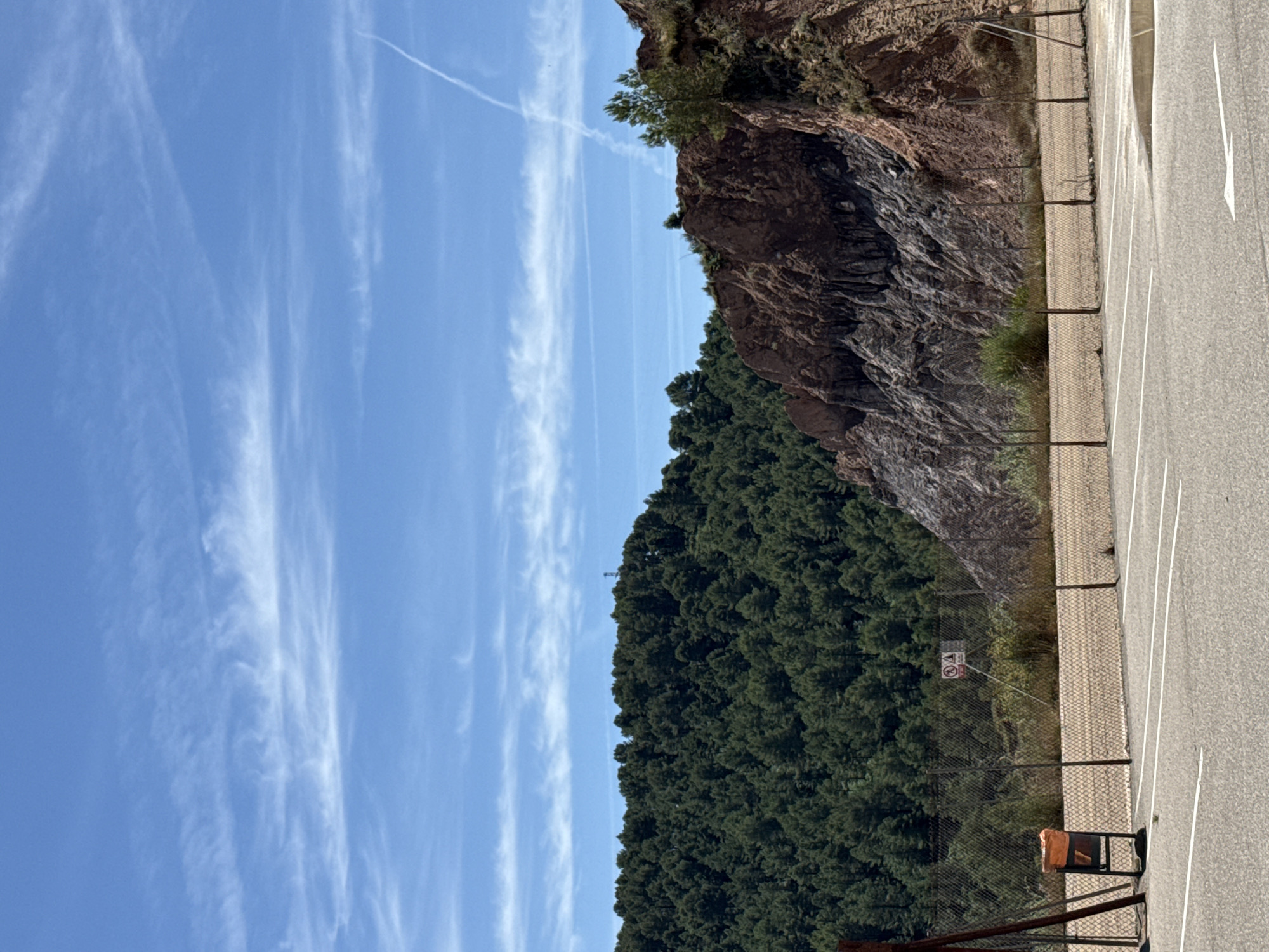 The image depicts an outdoor scene in Cardona, Spain, likely a quarry or industrial area, with a parking lot in the foreground and a wooded mountain in the background. The parking lot is paved with asphalt and marked with white lines, suggesting it is a functional space. A wire fence runs across the middle ground, separating the parking lot from a gravelly area with sparse vegetation. Behind the fence, an orange trash receptacle is visible near a metal post.

The background is dominated by a steep, rocky mountain face with distinct layers of reddish-brown and grey rock, characteristic of a quarry. The upper slopes of the mountain are covered with dense, dark green trees, creating a stark contrast with the barren rock. The sky above is a clear blue with wispy white clouds and a visible contrail from an aircraft. The overall impression is one of a rugged, natural landscape integrated with industrial or utilitarian infrastructure.