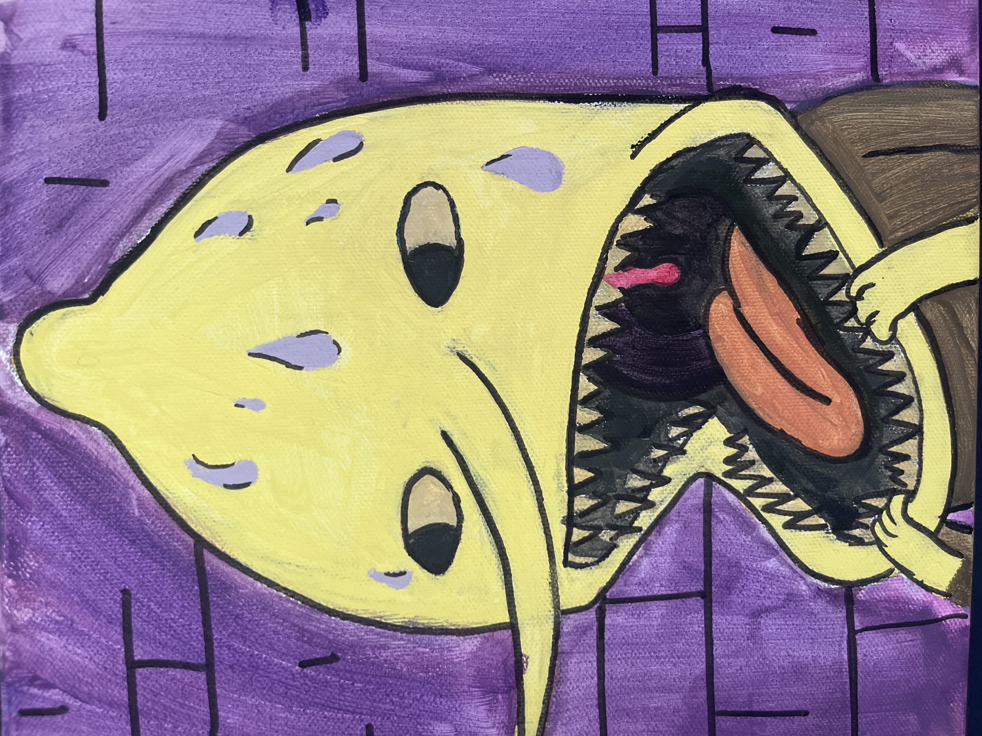 The image is a painting of the character Lumpy Space Princess from the animated series Adventure Time. She is depicted with her characteristic yellow, lumpy head, large open mouth filled with sharp teeth, and a long, pink tongue. She is also shown with purple teardrop shapes on her head, representing sweat. The background is a purple brick wall pattern. The character is wearing a brown shirt. The painting is rendered in a colorful, somewhat naive style. There is no indication of any specific location within the city of Limassol, Cyprus, in the image.