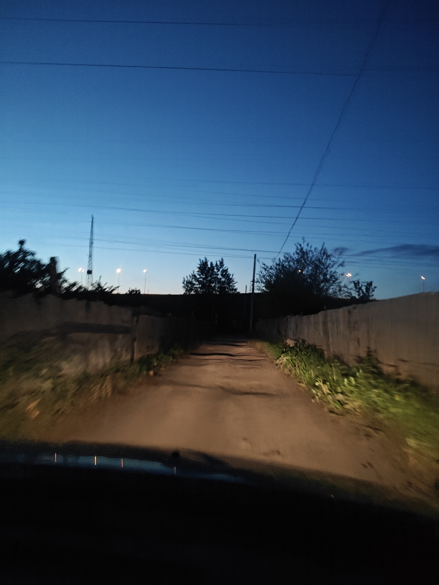 This image depicts a narrow, unpaved dirt road observed from the interior of a vehicle, likely during twilight hours, in the city of Chaikovsky, Russia. The perspective is low, revealing a portion of the vehicle's dashboard or windshield reflection at the bottom, marked by four vertical orange-yellow light streaks.
The road, appearing uneven and worn, recedes into the mid-ground, illuminated by what seems to be the vehicle's headlights. Green vegetation, primarily weeds and grass, flanks both sides of the road. On the left, a solid, light-colored concrete or stone wall runs alongside the road, partially obscured by dark, silhouetted trees and bushes. Behind this wall, a tall, slender lattice tower is prominently visible against the sky, accompanied by several bright, circular streetlights emitting a warm glow.
On the right side, a darker fence, possibly wooden, parallels the road, also backed by dense, dark foliage. Additional streetlights are discernible further down the road on the right. The sky overhead is a deep indigo blue, transitioning to a lighter blue-grey towards the horizon, indicative of late dusk or early dawn. Multiple dark, thin utility lines traverse the sky horizontally and diagonally. No individuals are present within the frame.