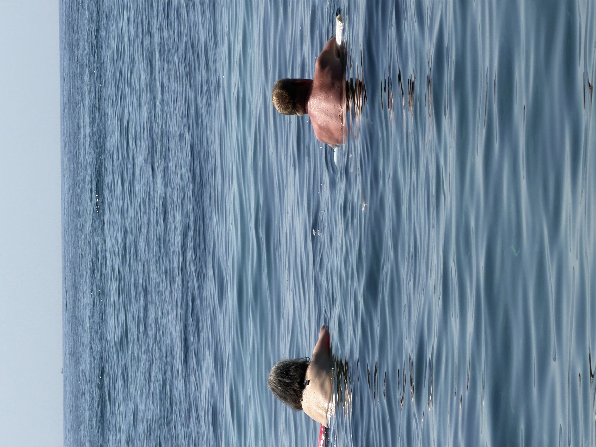 Two individuals are observed swimming in the Adriatic Sea off the coast of Budva, Montenegro. The person on the left, facing away from the camera, has gray hair and is partially submerged, supported by a red flotation device. The person on the right, also facing away, has blonde hair and is holding a white object, possibly a book or magazine, which is floating on the water. The sea is calm with gentle ripples reflecting the clear, pale blue sky. The horizon line is visible in the distance, with a faint speck of a boat. The water is a deep blue, with lighter shades in the foreground due to light refraction and surface texture. The scene suggests a peaceful, leisurely activity in a coastal environment.