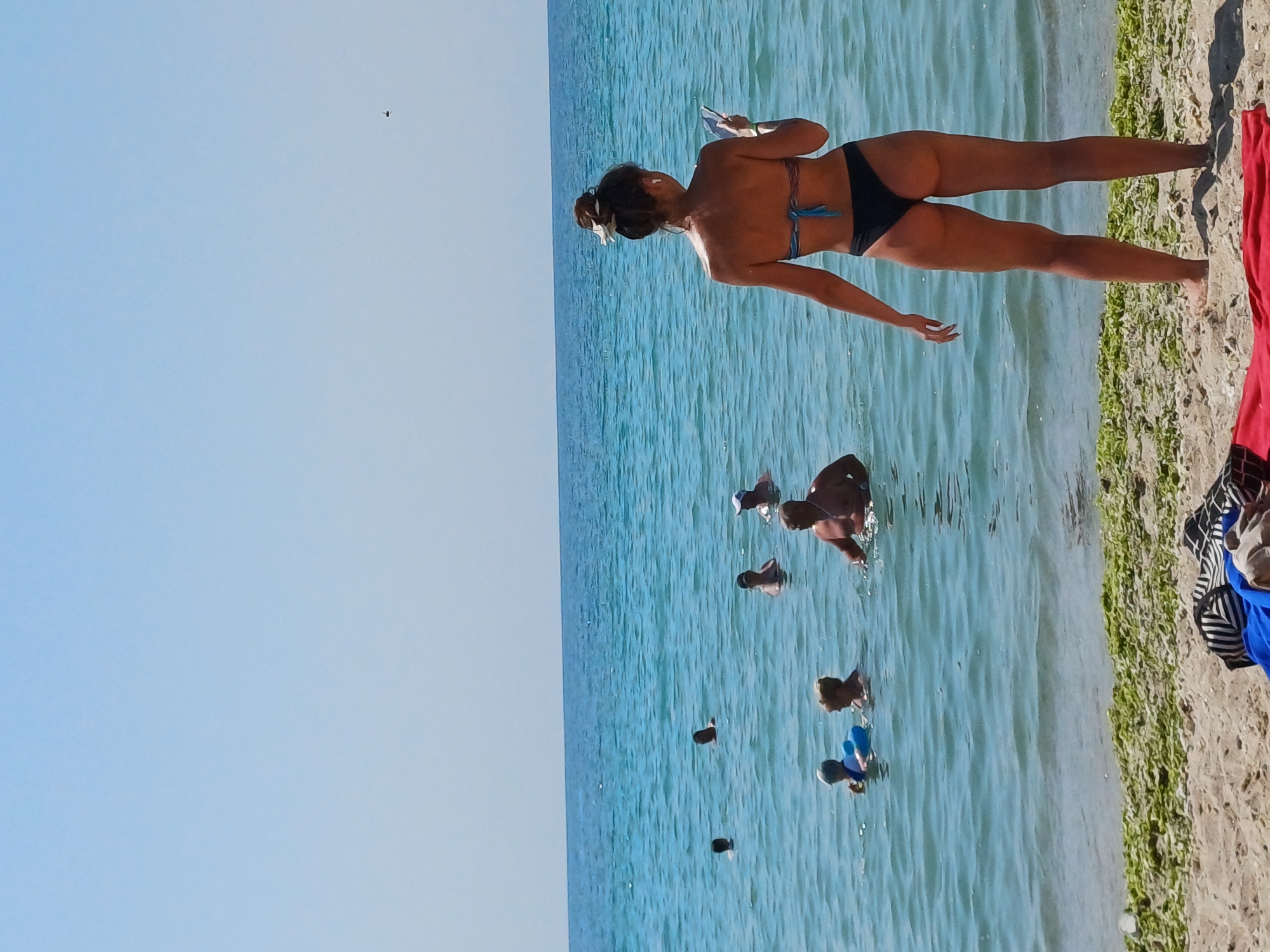 The image captures a sunny day at the beach in Varna, Bulgaria, with the Black Sea stretching towards the horizon under a clear blue sky. In the foreground, a young woman with her back to the camera stands on the sandy shore, wearing a black bikini and a flower in her hair. She is holding a smartphone in her right hand and appears to be looking at it. To her left, the water is calm and clear, with several people bathing and swimming. Some are partially submerged, while others are further out in the sea. Among the swimmers, a man with a white cap is visible on the right, and a child with a blue flotation device is on the left. The water's edge is lined with green seaweed. In the background, the vast expanse of the sea meets the sky, creating a serene and bright atmosphere.