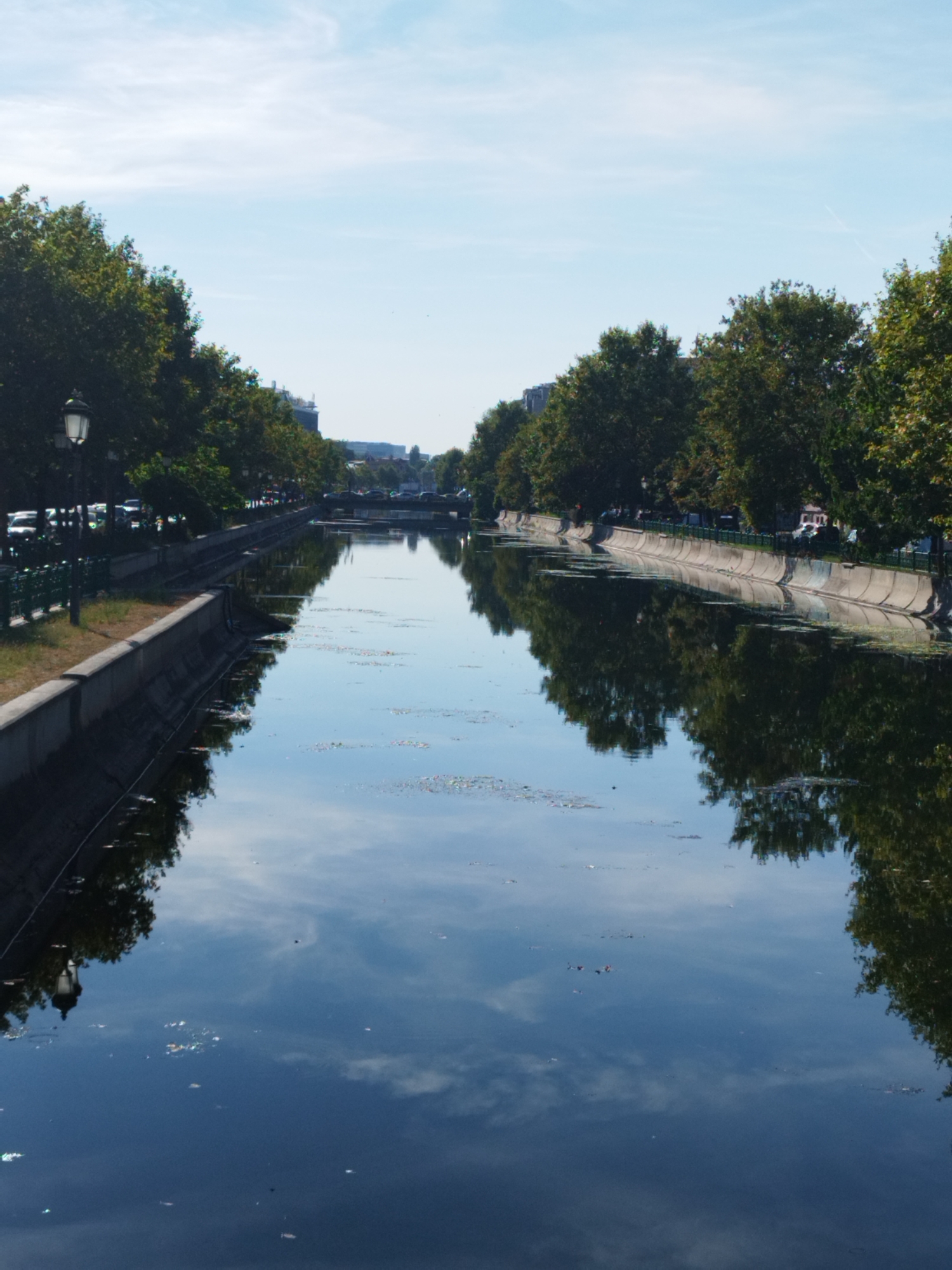 The image depicts a serene canal scene in Bucharest, Romania, likely along Dâmbovița River. A wide canal occupies the center of the frame, its surface reflecting the blue sky, scattered clouds, and the dense foliage of trees lining its banks. The canal walls are constructed of concrete, with a textured pattern on the right bank.
On the left bank, a paved walkway is visible, bordered by a decorative metal fence and street lamps. Trees with lush green leaves create a verdant canopy along this side. Beyond the trees, hints of urban infrastructure, including buildings and parked cars, suggest the presence of a city. The right bank also features a line of trees, their reflections shimmering on the water. The water itself has a dark, reflective quality, with small pieces of debris or leaves floating on its surface. The overall impression is one of a peaceful, urban waterway on a bright, clear day.