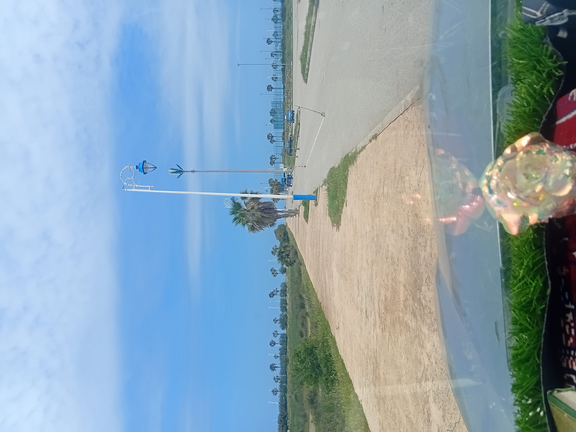 This image captures an outdoor scene, likely along a coastal road or promenade in Martil, Morocco, viewed partially through a reflective surface or window.
The upper portion of the frame is dominated by a clear blue sky with scattered wispy white clouds. Below the sky, a line of identical palm trees and modern streetlights extends into the distance along a paved road. In the left foreground, a distinct white streetlight with ornate blue decorative elements is prominent, alongside other poles and lush green vegetation.
A wide, light-colored paved pathway runs parallel to a grassy verge, which in turn borders an asphalt road. The road has visible white markings. The repetitive planting of palm trees and streetlights suggests a planned urban or coastal landscape.
The right side of the image is partially obscured by what appears to be the interior of a vehicle or a window pane. This section shows a clear, reflective surface. Within this area, there's a patch of vibrant artificial green grass, a hint of a patterned red and black fabric (possibly a rug or cushion), and a decorative, iridescent, rose-shaped object that reflects light with various hues.
The scene is brightly lit, indicating a sunny day, likely morning or early afternoon. No people or visible text are present. The overall impression is one of a well-maintained, bright, and somewhat serene environment.