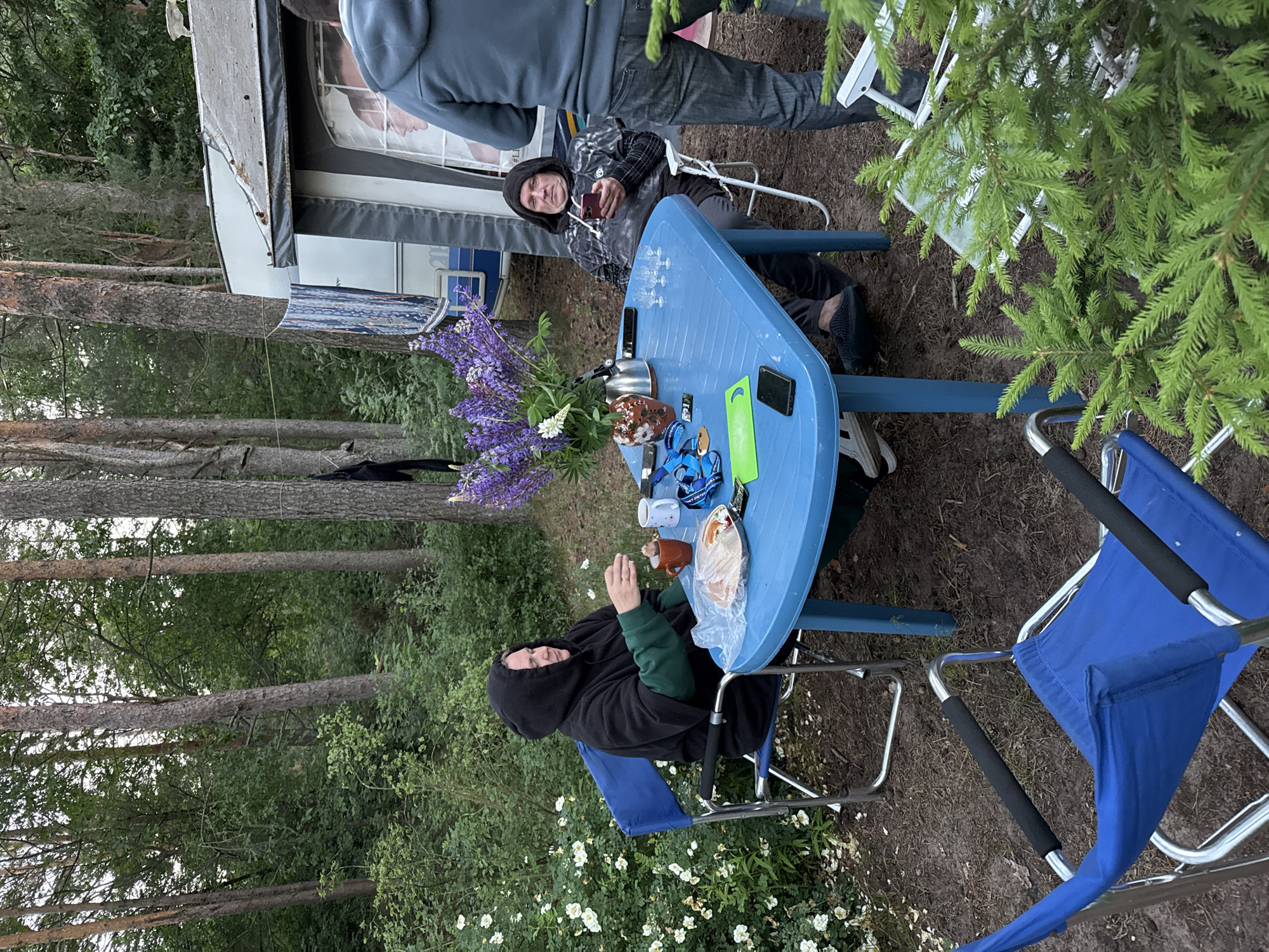 In Zelenaya Roshcha, Russia, three adults are gathered around a blue plastic table outdoors. The setting appears to be a campsite, with a caravan visible in the background and tall trees surrounding the area. The ground is covered in dirt and scattered leaves.
On the left, a person wearing a black hooded sweatshirt with a green undershirt is seated in a blue folding chair. They are holding a teabag over an orange mug, seemingly preparing tea. A plate of food, possibly sandwiches, is on the table in front of them, covered by a plastic bag.
In the center, a person wearing a grey tie-dye hoodie and dark pants is seated in a white folding chair, looking down at their phone. In front of them on the table are several small glass cups and a vase filled with purple lupine flowers.
On the right, partially visible, is a third person wearing a grey hooded sweatshirt and jeans, standing and facing away from the camera. They appear to be looking towards the caravan.
The table is laden with various items including the food, mugs, glasses, the vase of flowers, two mobile phones, and a green cutting board. A towel or blanket is hanging from a line strung between two trees in the background. The overall scene suggests a casual outdoor gathering.