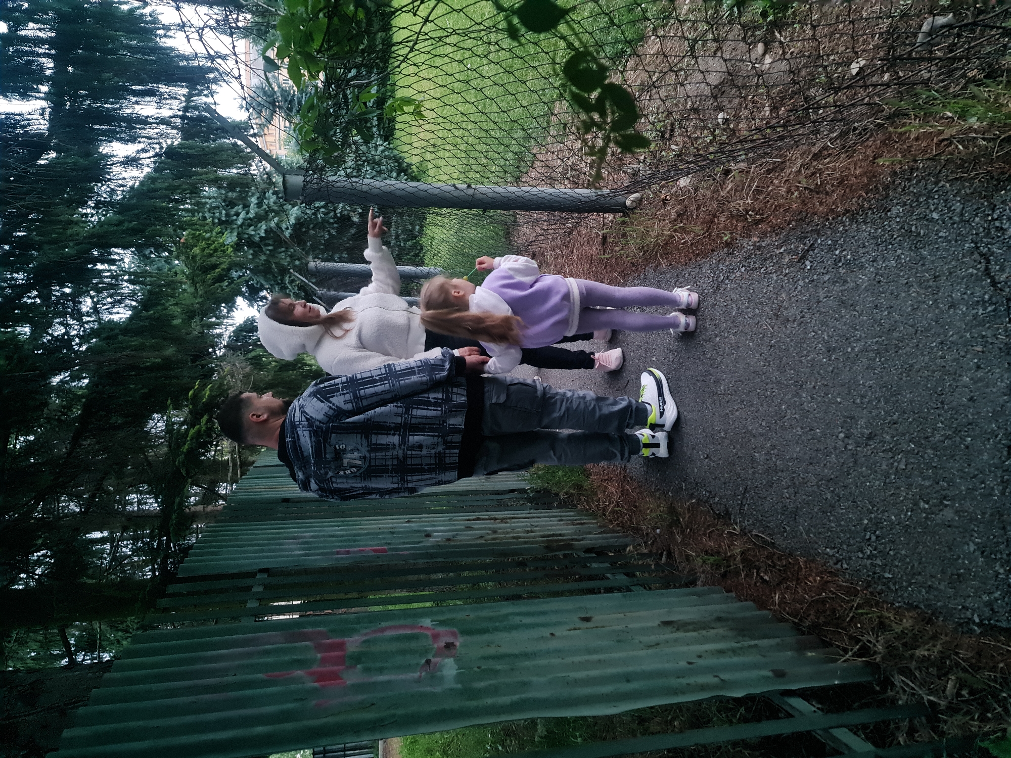 A family of three is standing on a paved path next to a green corrugated metal fence. A man in a patterned jacket and gray pants stands on the left. Next to him, a woman in a white hooded jacket points towards the right, where a young girl in a purple hooded jacket and purple leggings stands facing the woman. The girl is holding a lollipop to her mouth. To the right of the family is a chain-link fence, beyond which is a grassy area. Trees and foliage are visible in the background, and the sky is overcast. The image was taken in the city of Prešov, Slovakia.
