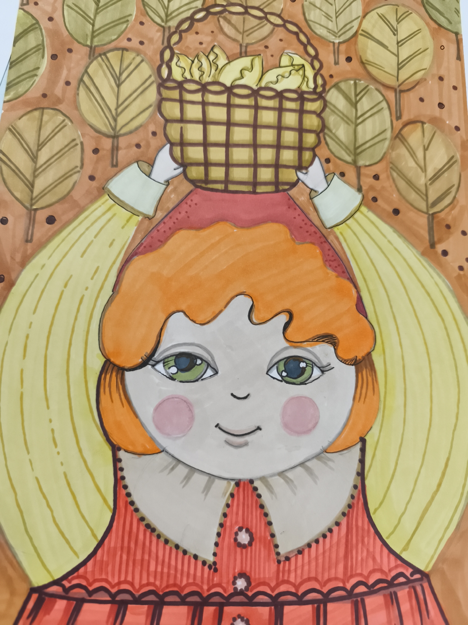 This is a top-down, close-up, slightly angled shot of a drawing of a cartoonish character, likely a child, with large green eyes, rosy cheeks, and bright orange hair. The character is wearing a red dress with a white collar adorned with small black dots. The character is holding a woven basket filled with light-colored objects, possibly vegetables or fruit, above its head with two white-gloved hands. The background of the drawing features a pattern of stylized trees with yellow leaves against a brown backdrop. The image is in bright, saturated colors, appearing to be rendered with markers or colored pencils. There is no indication of a specific location in Saint-Denis, France, or any real-world setting. The image is purely artistic and does not depict a real scene.
