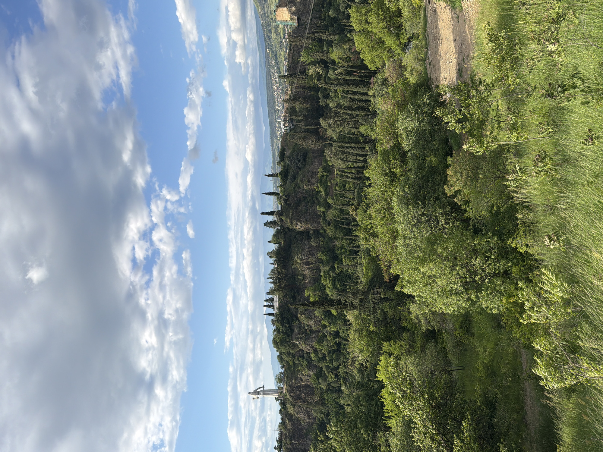 The image depicts a landscape in Tbilisi, Georgia. In the foreground, a tall, light-colored statue stands atop a cliff. The statue is facing left and is a significant structure in the skyline. Behind the statue, the land slopes down, covered in dense green vegetation, including trees and bushes. In the distance, there's a view of the city, blending into the horizon with a bright sky filled with scattered clouds. The sky is blue with streaks of white clouds, suggesting a partly cloudy day. The scene is captured from a high vantage point, looking out over the city and the natural landscape.