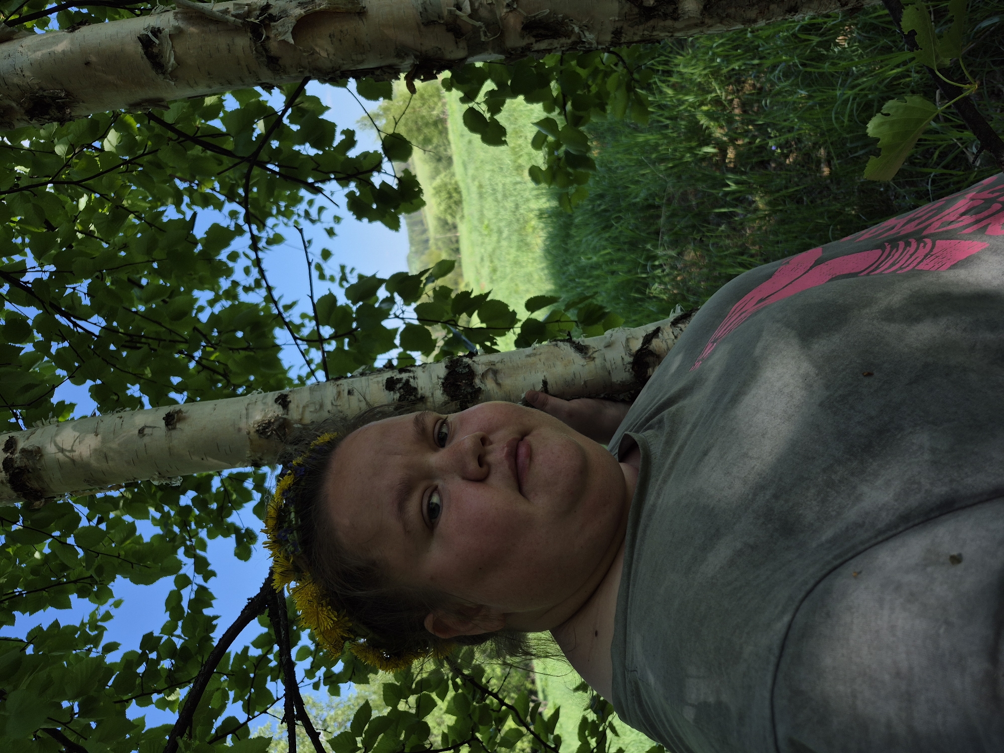 A medium shot, taken outdoors during daylight, shows a woman reclining in a field in the city of Дойная, Russia. She wears a dandelion crown on her head and a gray t-shirt with a pink design. She appears to be leaning against the trunk of a birch tree. A field is visible in the background. The sky, dotted with clouds, is visible through the birch tree branches.