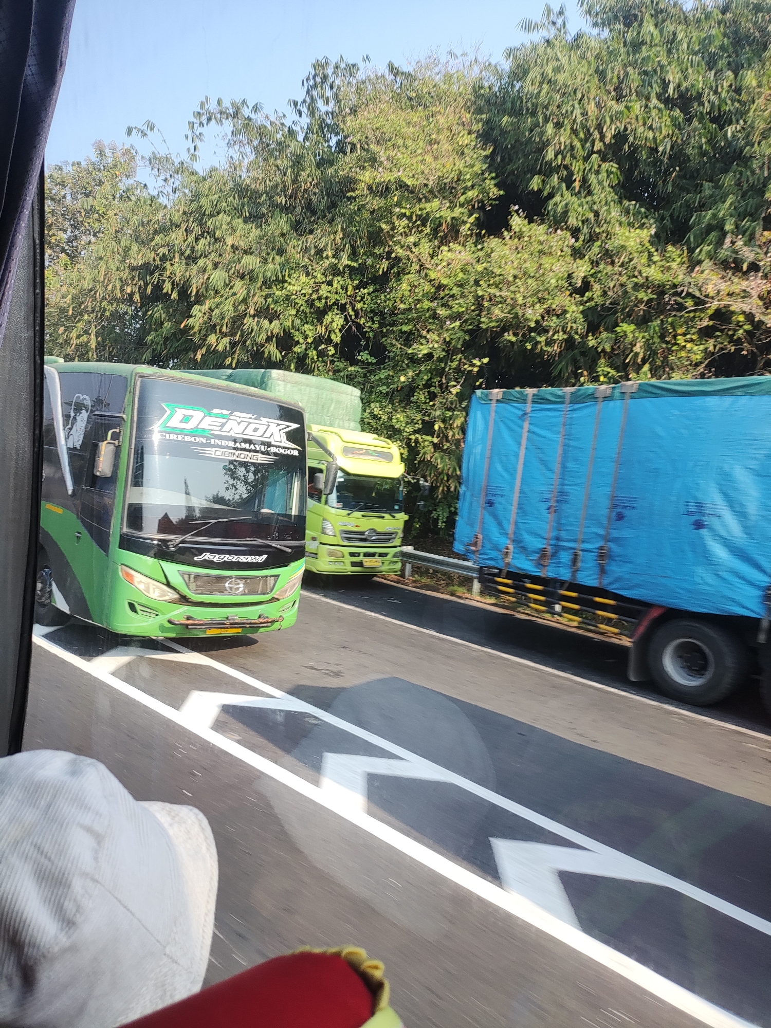 A side view from inside a vehicle shows a green bus with "DENOK" in white lettering on the windshield, followed by "CIREBON-INDRAMAYU-BOGOR-CIBINONG" in smaller white text. The bus also has "Jagorawi" in white lettering on the front grille. To the right of the bus is a lime green truck, and further to the right is a large truck with a blue tarp covering its cargo. All vehicles are on a paved road with white lane markings. The background consists of lush green trees and a clear blue sky. The scene appears to be a highway in the city of Purwakarta, Indonesia.