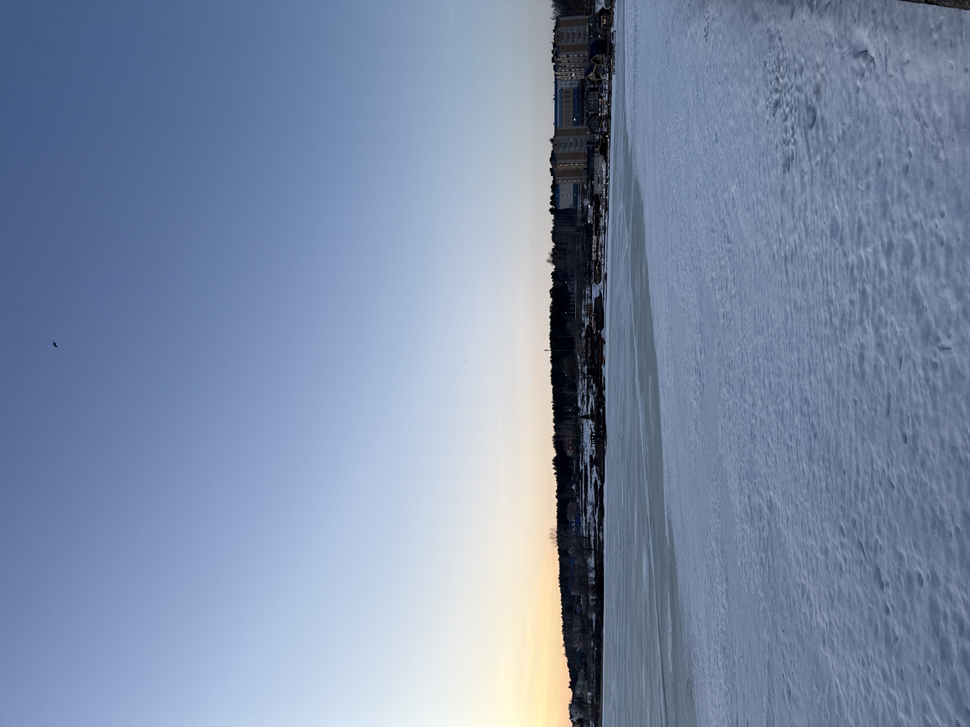 The image captures a winter landscape in Votkinsk, Russia, at dusk. The sky transitions from a deep blue to a pale yellow-orange near the horizon, indicating the setting sun. A solitary bird flies across the left side of the sky.
To the right, the frozen surface of the Votkinsk Reservoir is covered in snow, displaying a textured pattern of ridges and drifts. Along the shoreline, buildings of varying heights line the horizon, including multi-story residential structures. Some trees are visible, interspersed with the buildings.