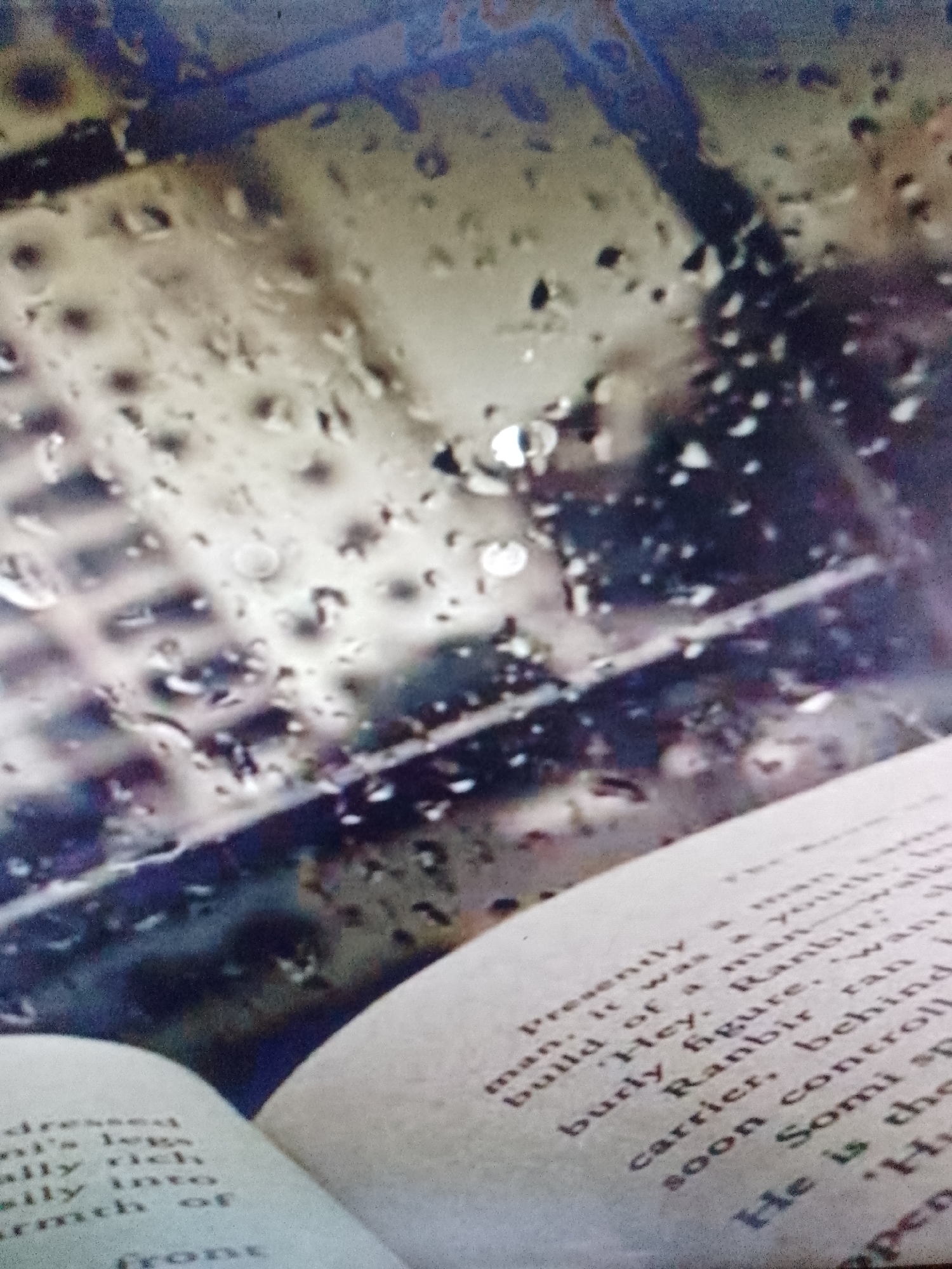 The image shows an open book lying on a surface, with raindrops on a window in the background. The text visible on the open book includes words and phrases such as "Presently a man," "Hey. Ranbir," "build of a man," "burly figure," and "soon Somi." The raindrops on the window obscure the view outside, but suggest a cityscape. The lighting suggests it could be evening or an overcast day.