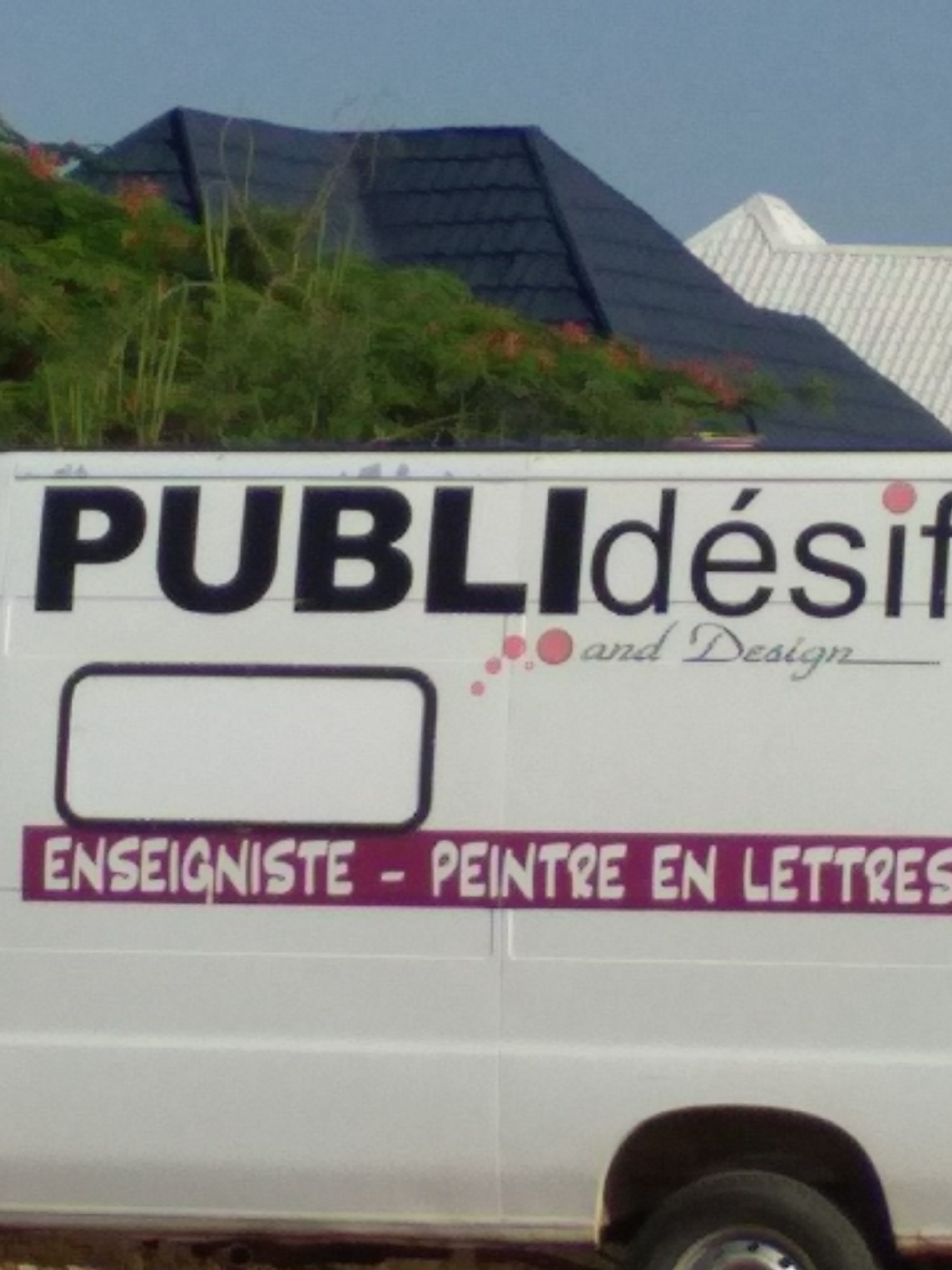 The image shows the side of a white van, displaying business branding and text, set against a background of greenery, roofs, and a clear blue sky.
The main subject is a white van, part of which is visible from its side, extending from the left to the right of the frame. The bottom right shows a black tire and wheel arch. Large black letters on the van's side spell out "PUBLIdésif", with "and Design" written in a smaller, script font below the "désif" portion. Several small pink/red circles are clustered around the "and Design" text. Below the main company name, there is an empty rectangular outline, possibly for contact information or a logo. Further down, a prominent purple horizontal strip features white capital letters that read "ENSEIGNISTE - PEINTRE EN LETTRES".
Above the van, a dense mass of green foliage and plants, some with small red flowers, obscures the middle ground. In the background, under a bright blue sky, two distinct roofs are visible: a dark gray or black tiled roof on the left, and a white, possibly corrugated or tiled, roof to the right. The scene appears to be taking place during daylight hours, under clear weather conditions. The presence of French text suggests a French-speaking business or region.