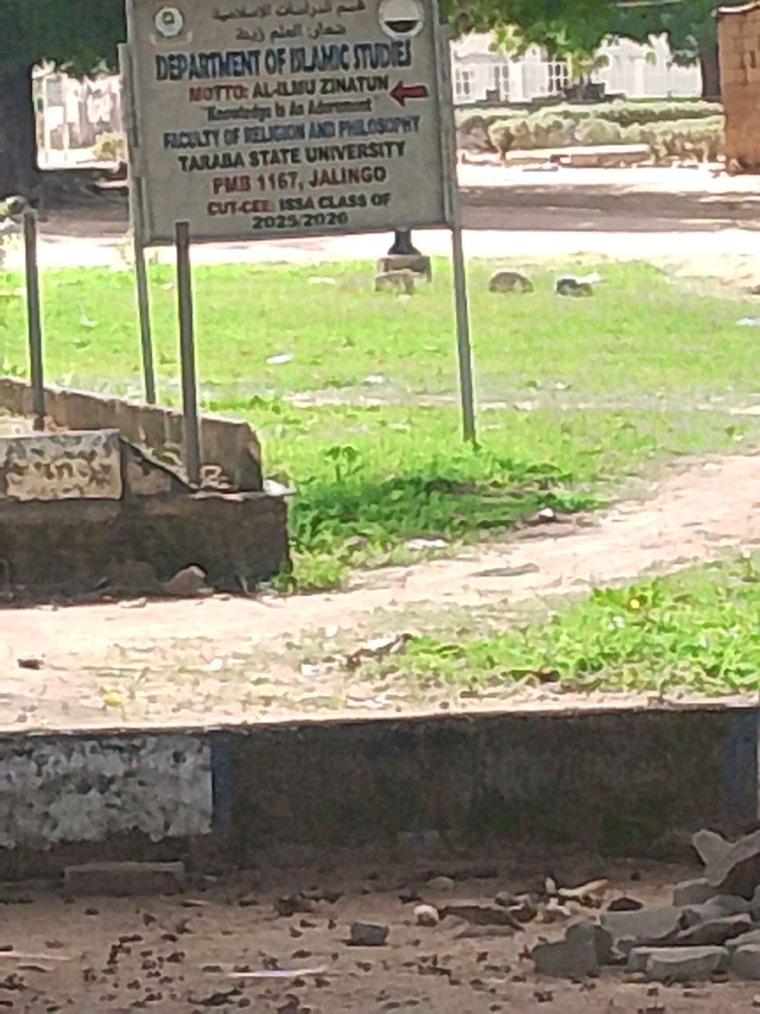 This media file depicts an outdoor scene, likely on the grounds of Taraba State University in Jalingo, Nigeria. The primary focus is a sign for the Department of Islamic Studies. The sign, made of a light-colored material, has text in both Arabic and English.
The English text reads: "DEPARTMENT OF ISLAMIC STUDIES MOTTO: AL-ILMU ZINATUN Knowledge Is An Adurement FACULTY OF RELIGION AND PHILOSOPHY TARABA STATE UNIVERSITY PMB 1167, JALINGO CUT-CEE ISSA CLASS OF 2025/2020". This indicates the specific department, its motto, its affiliation with the university, and contact information. The Arabic text above the English appears to translate to "Department of Islamic Studies" and "The adornment of knowledge is beauty" or similar phrasing related to knowledge being an adornment.
The sign is supported by two metal poles that are embedded in the ground, with concrete bases. To the left of the sign, there are concrete steps and a low wall, suggesting an entrance or a raised area. The ground in front of the sign is a mixture of dirt and scattered debris, including small stones.
Behind the sign, a grassy area is visible, with patches of green grass and some dry areas, interspersed with small plants and a few small, indistinct objects that could be rocks or litter. In the background, blurred structures resembling buildings with windows are visible, along with trees and foliage, suggesting a campus environment. The lighting appears to be natural daylight, with no strong shadows, implying it could be a bright or overcast day. No people are clearly visible in the frame. The overall impression is one of an academic institution's entrance.