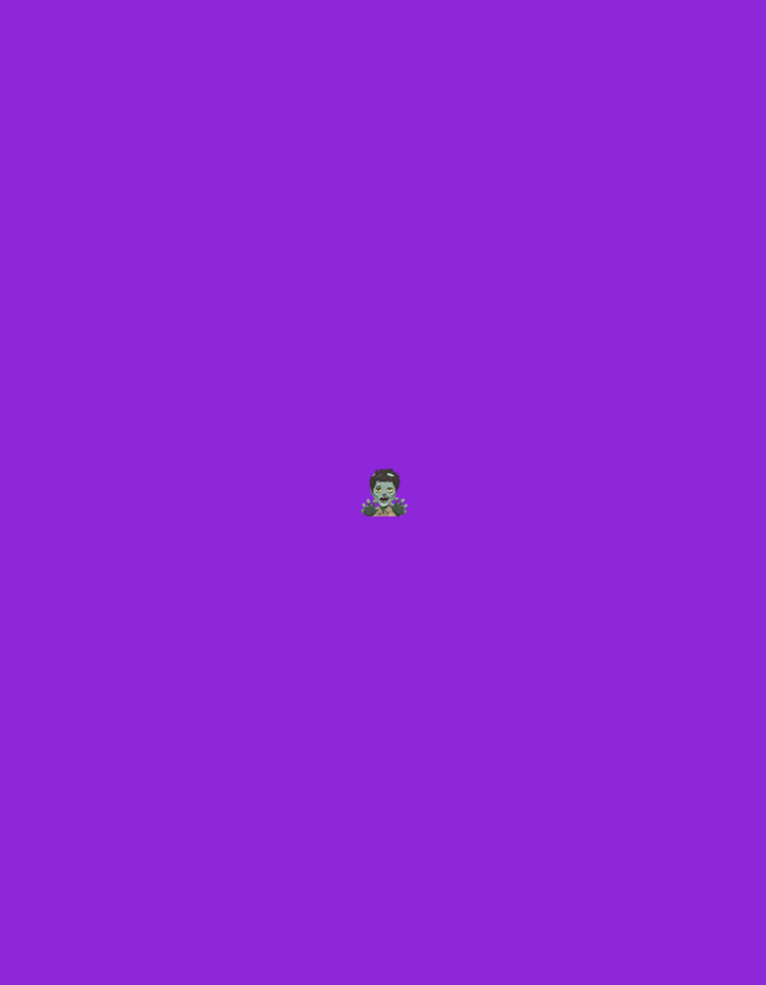 The image displays a small, centrally located emoji of a zombie on a plain, solid purple background. The zombie figure has greenish-grey skin, dark, spiky hair, prominent fangs, and dark eyes. Its arms are raised and outstretched with open hands, consistent with a lurching or menacing posture. No other subjects, objects, or environmental features are present. The background is an abstract, uniform purple, providing no discernible physical location within the city of Santa Ana, Venezuela, or anywhere else.