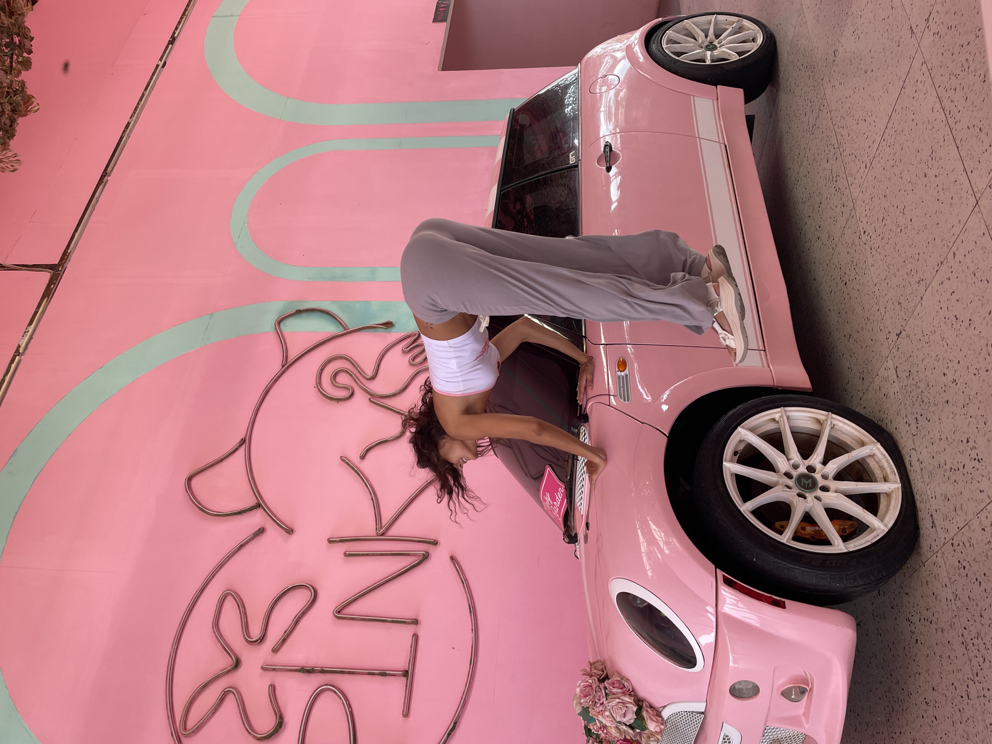 In Tien Thanh Ward, Vietnam, a woman with dark, wavy hair is positioned in a bent-over stance, with her torso leaning into the open window of a pink Mini Cooper. She is wearing a white crop top and grey wide-leg pants. Her right hand is resting on the car's hood, and her left hand is inside the vehicle. The car is decorated with a bouquet of pink flowers on the front passenger side. The background features a vibrant pink wall adorned with a neon sign that spells out "PINK'S" in metallic lettering. The wall also has teal-colored arch details. The car is parked on a light-colored, textured floor.