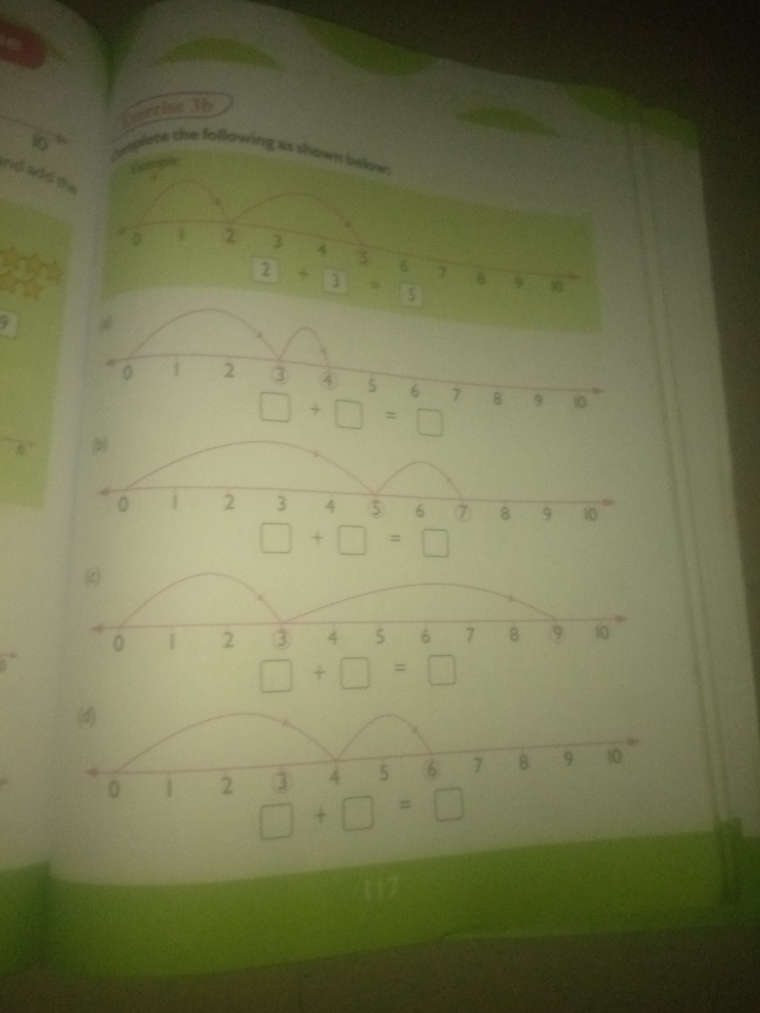 The image shows a page from a workbook, likely for elementary school children, with math problems involving number lines. The workbook page is mostly green and white. At the top, there is text that reads "Exercise 3b" and "Complete the following as shown below:". Below this, there is an example problem demonstrating addition on a number line, starting at 0, jumping to 2, then to 3, and finally to 5, with the equation "2 + 3 = 5" written out.
There are four practice problems labeled (a), (b), (c), and (d). Each problem features a number line from 0 to 10 with arrows indicating jumps and empty boxes for the student to fill in the equation.
The image is a close-up, slightly blurry, and angled view of the workbook page. The lighting is uneven, with a bright light source casting shadows and highlights. The background is a blurry green surface, possibly a desk or table. The provided location information "Jauro Yinu, Nigeria" is not visually discernible from the image itself.