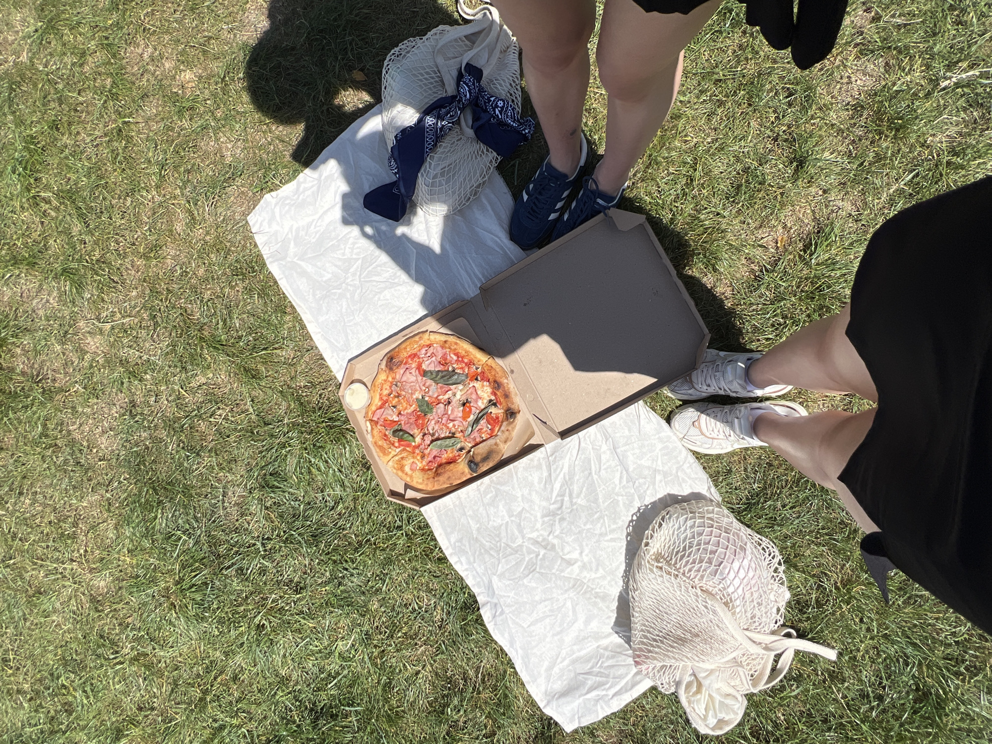 The scene is a picnic on grass, with a pizza in an open box on a white cloth. Two individuals are present. One is wearing blue Adidas shoes and dark shorts, standing near a mesh bag with a blue bandana. The second person is wearing white sneakers and a black garment, partially visible in the frame. A second mesh bag sits on the lower right of the white cloth. The pizza is round and appears to have ham, mushrooms, tomatoes, and basil toppings. The location is in Ternopil, Ukraine, as indicated by the image's metadata.